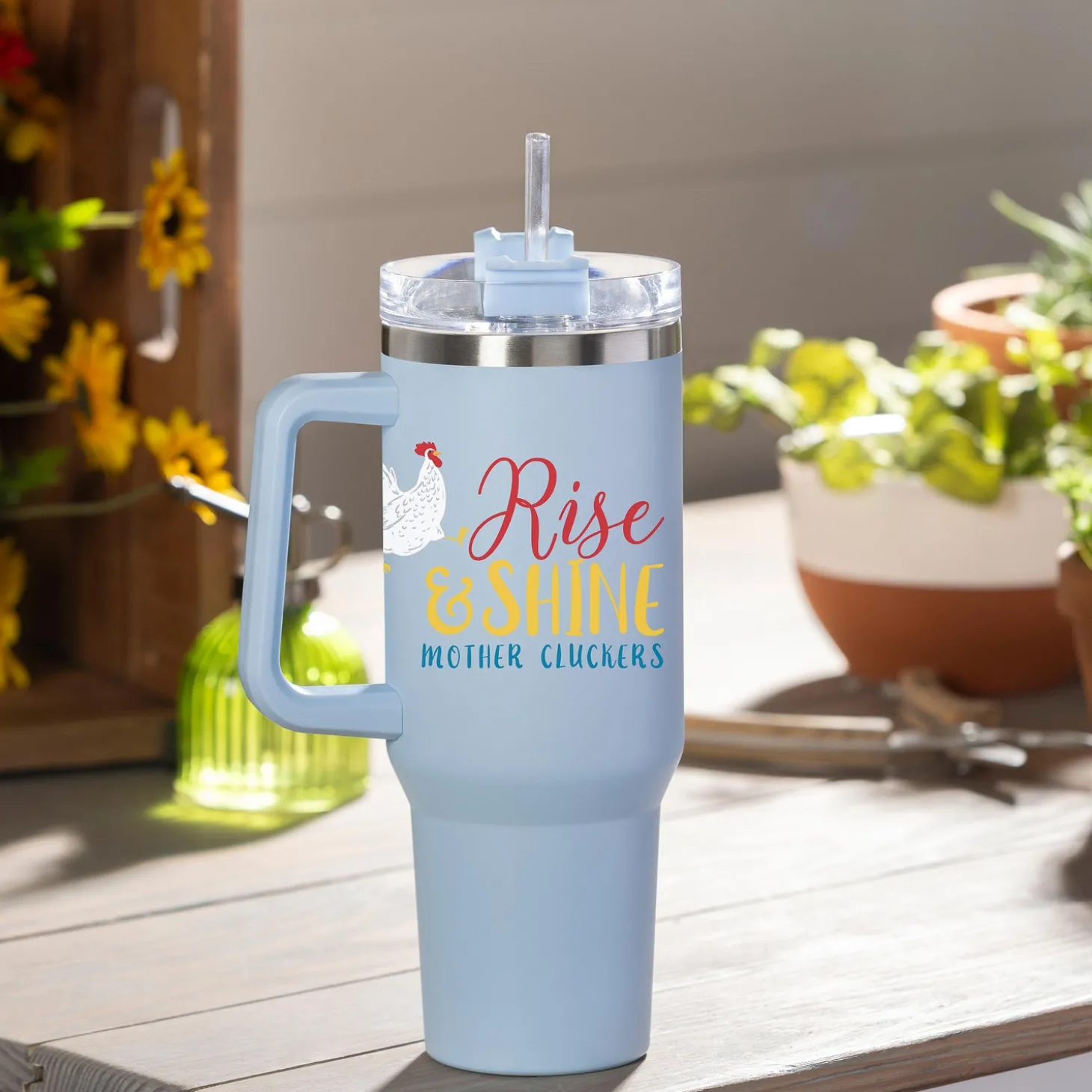 Travel Cups>Plow & Hearth Rise & Shine Chicken Canyon Cup, Double Wall Stainless Steel w/ Straw, 40oz, Gift Box