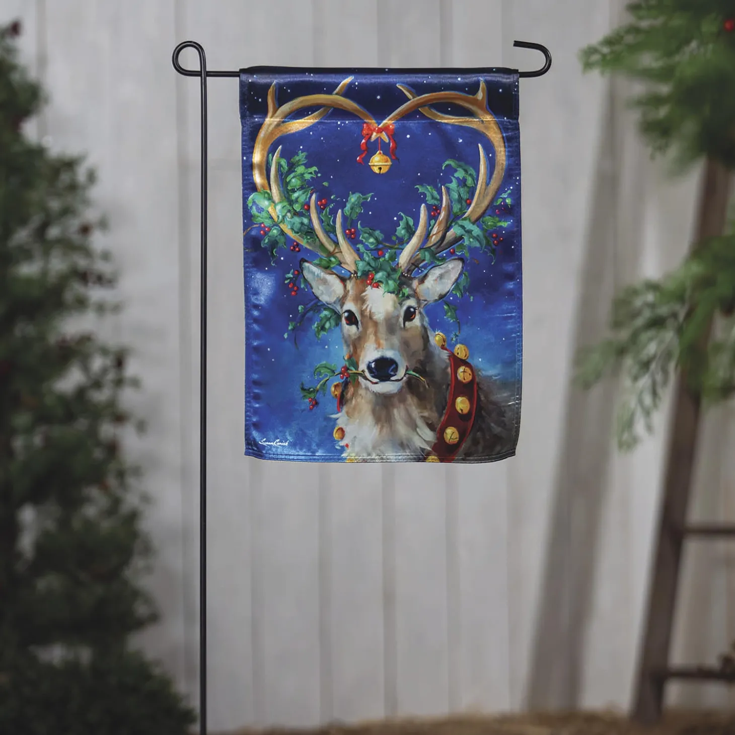 Garden Flags>Plow & Hearth Santa's Reindeer Lustre Garden Flag