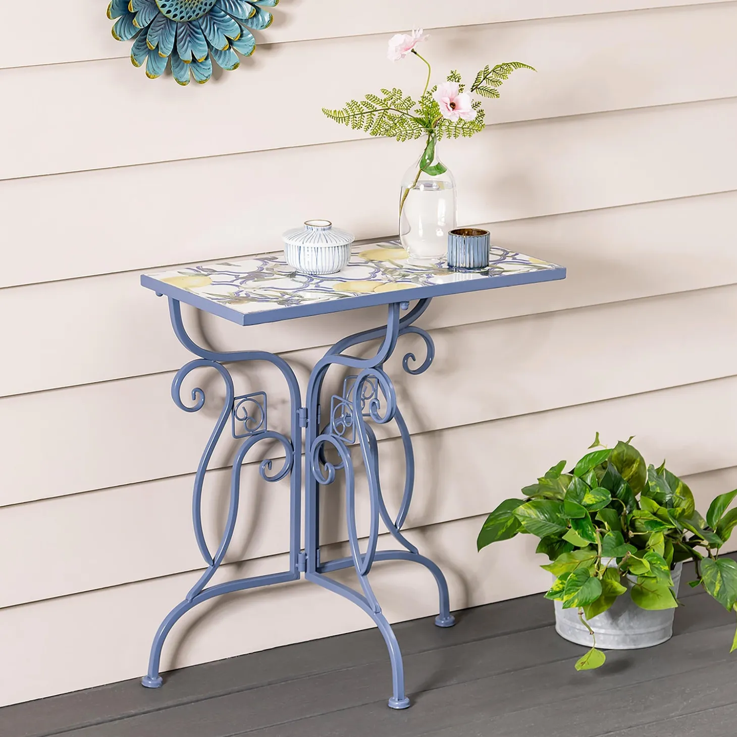 Outdoor Dining Sets | Outdoor Side Tables>Plow & Hearth Santiago Mosaic Balcony Table Blue