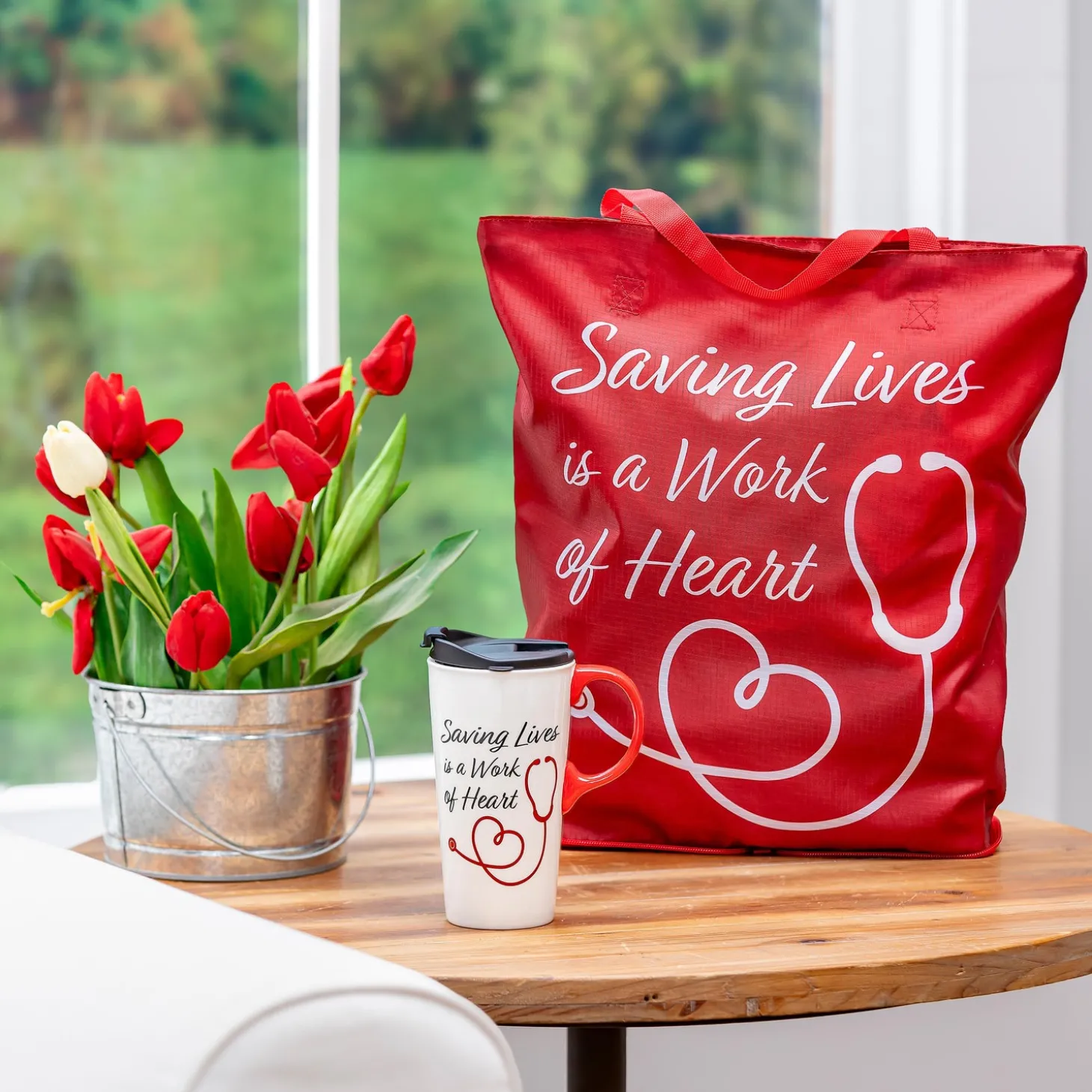 Travel Cups>Plow & Hearth Saving Lives is a Work of Heart Ceramic Perfect Cup and Compact Tote Giftset, 17oz, Gift Box
