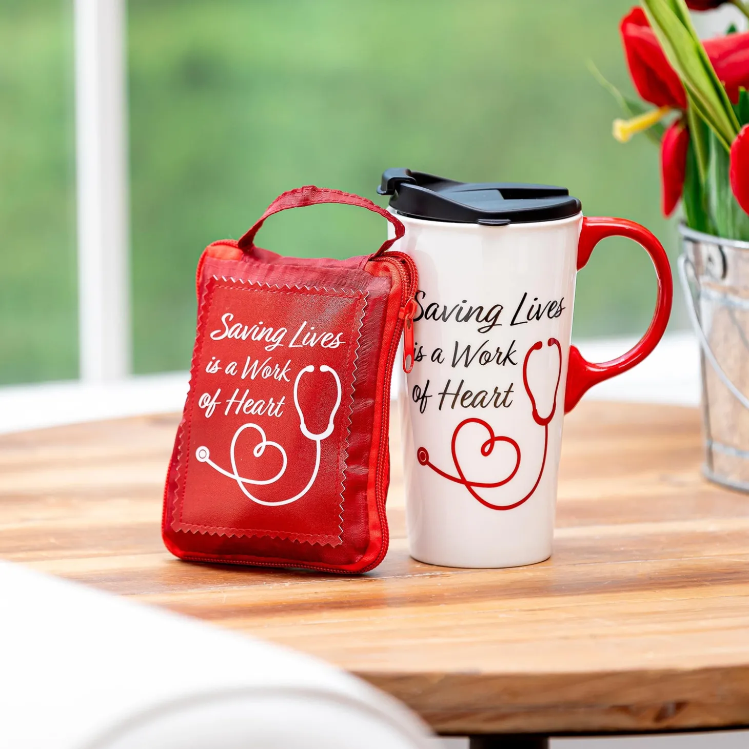 Travel Cups>Plow & Hearth Saving Lives is a Work of Heart Ceramic Perfect Cup and Compact Tote Giftset, 17oz, Gift Box