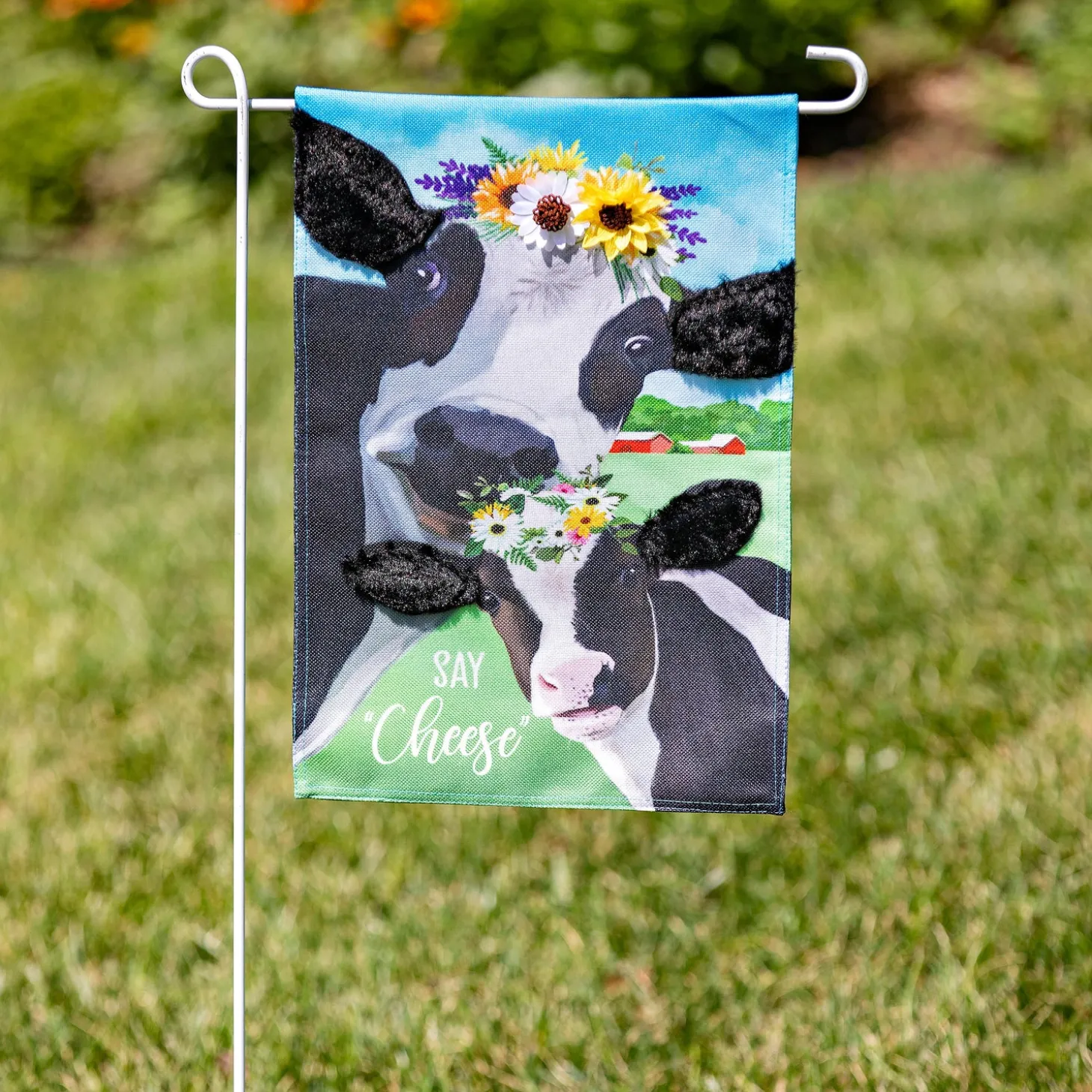 Garden Flags>Plow & Hearth Say Cheese Cows Garden Burlap Flag