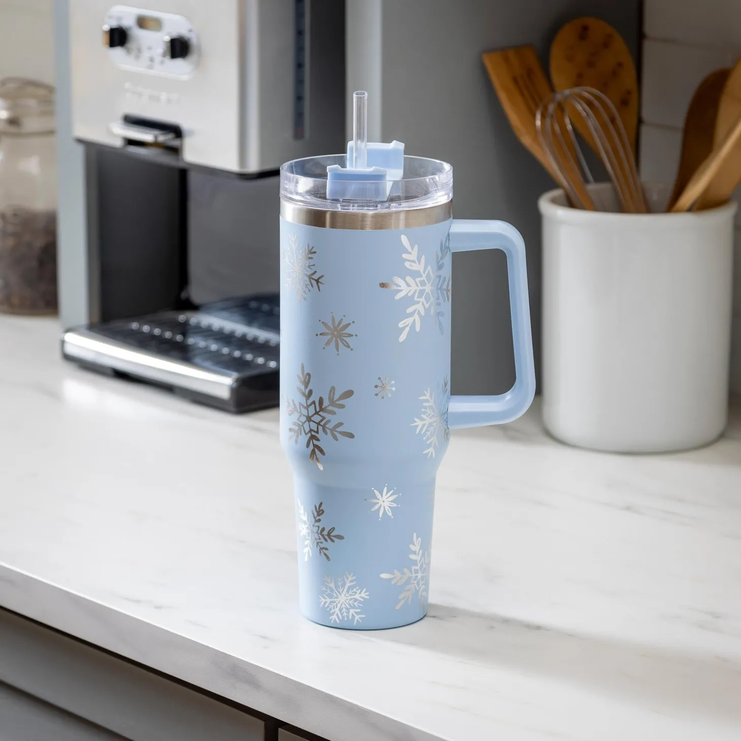 Travel Cups>Plow & Hearth Season to Sparkle Tumbler Stainless-Steel Canyon Cup w/ Straw, Snowflakes, 40oz, Gift Box