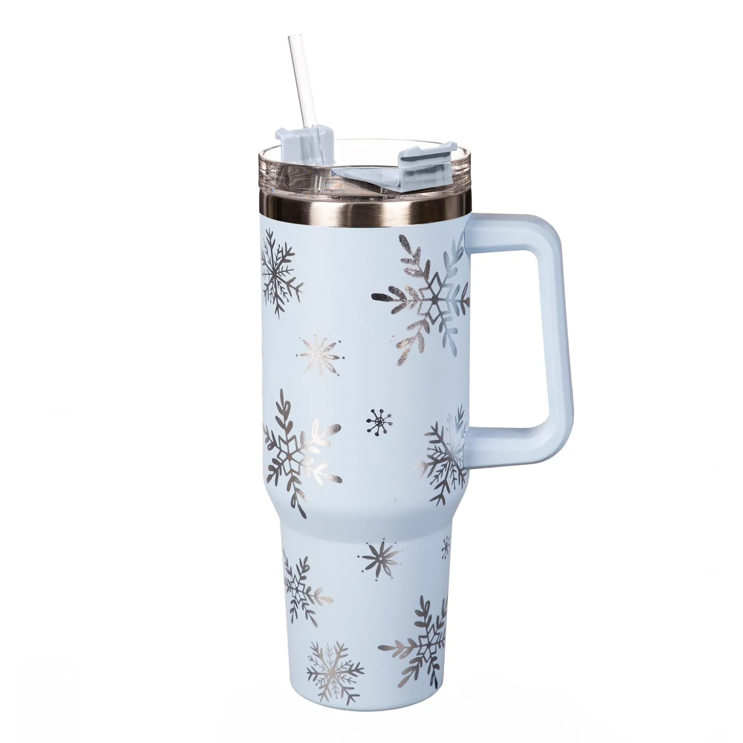 Travel Cups>Plow & Hearth Season to Sparkle Tumbler Stainless-Steel Canyon Cup w/ Straw, Snowflakes, 40oz, Gift Box