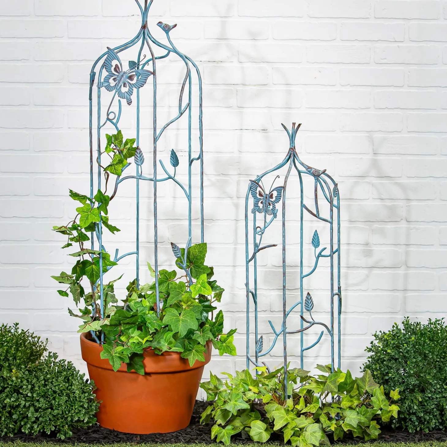 Arbors & Trellises>Plow & Hearth Set of 2 Metal Butterfly Obelisk with Verdigris Finishing