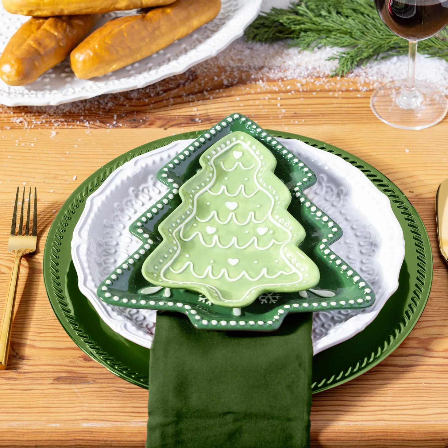 Plates & Platters>Plow & Hearth Shades of Green Plate Tree Shaped Embossed Ceramic Appetizer Plate, 8.25"