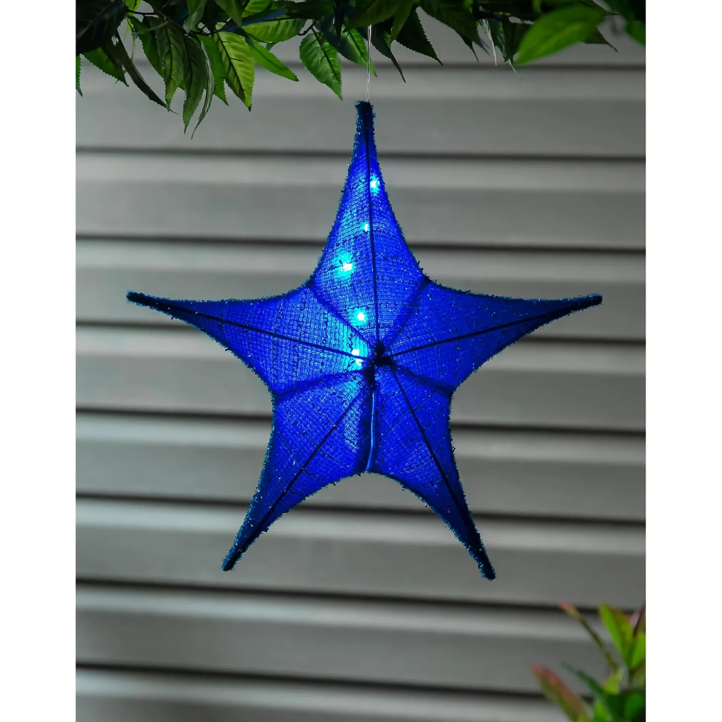 Decorative Accents | Lighted Garden Decorations>Plow & Hearth Small Lighted Hanging Fabric Star Blue