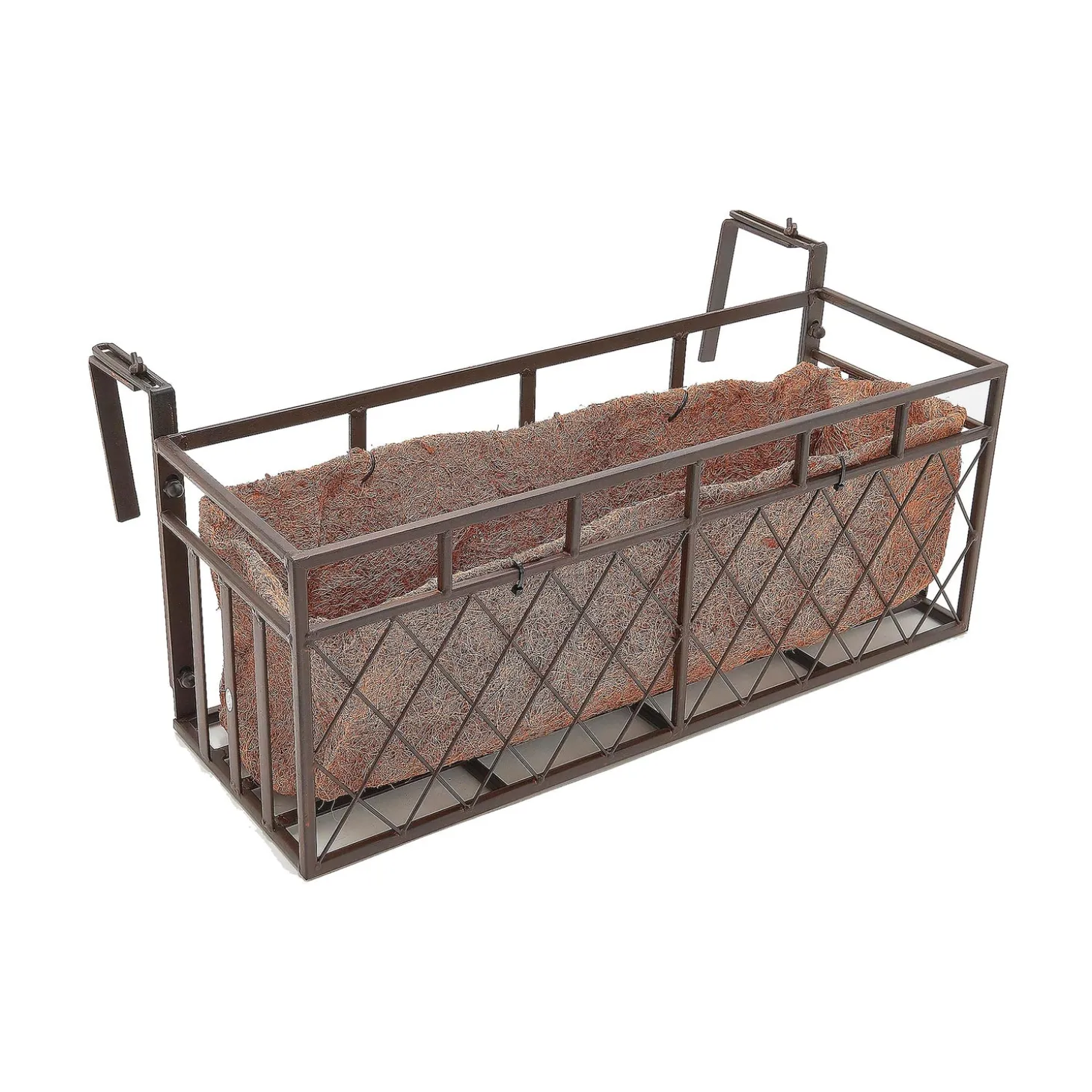 Planters & Plant Stands>Plow & Hearth Small Wrought iron railing planter with coco fiber liner, lattice Criss cross