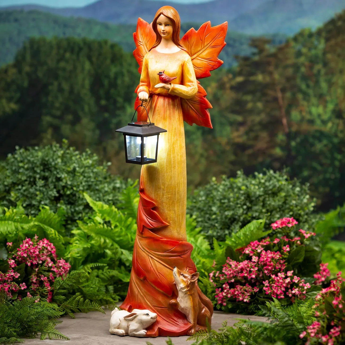 Garden Statues | Lighted Garden Decorations>Plow & Hearth Solar Fall Foliage Angel and Friends Garden Statue