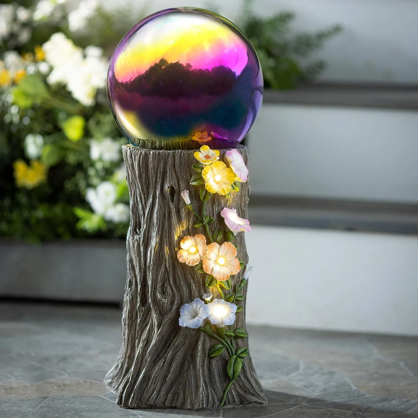 Gazing Balls | Lighted Garden Decorations>Plow & Hearth Solar Gazing Ball Floral Stump Stand