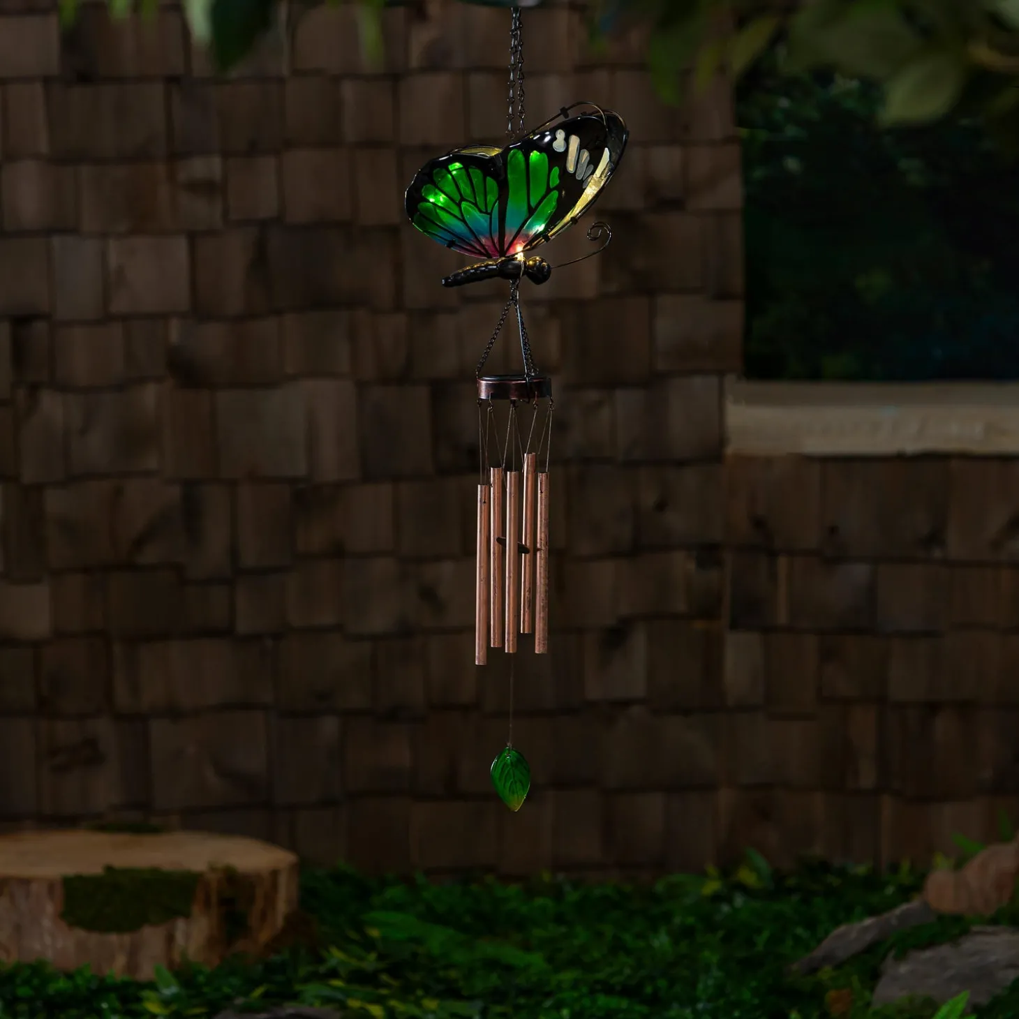 Wind Chimes & Mobiles | Solar Accents>Plow & Hearth Solar Green & Purple Butterfly Wind Chime