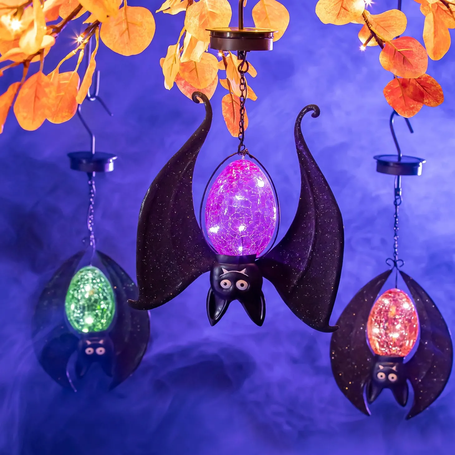 Lighted Garden Decorations>Plow & Hearth Solar Halloween Hanging Bats, Set of 3