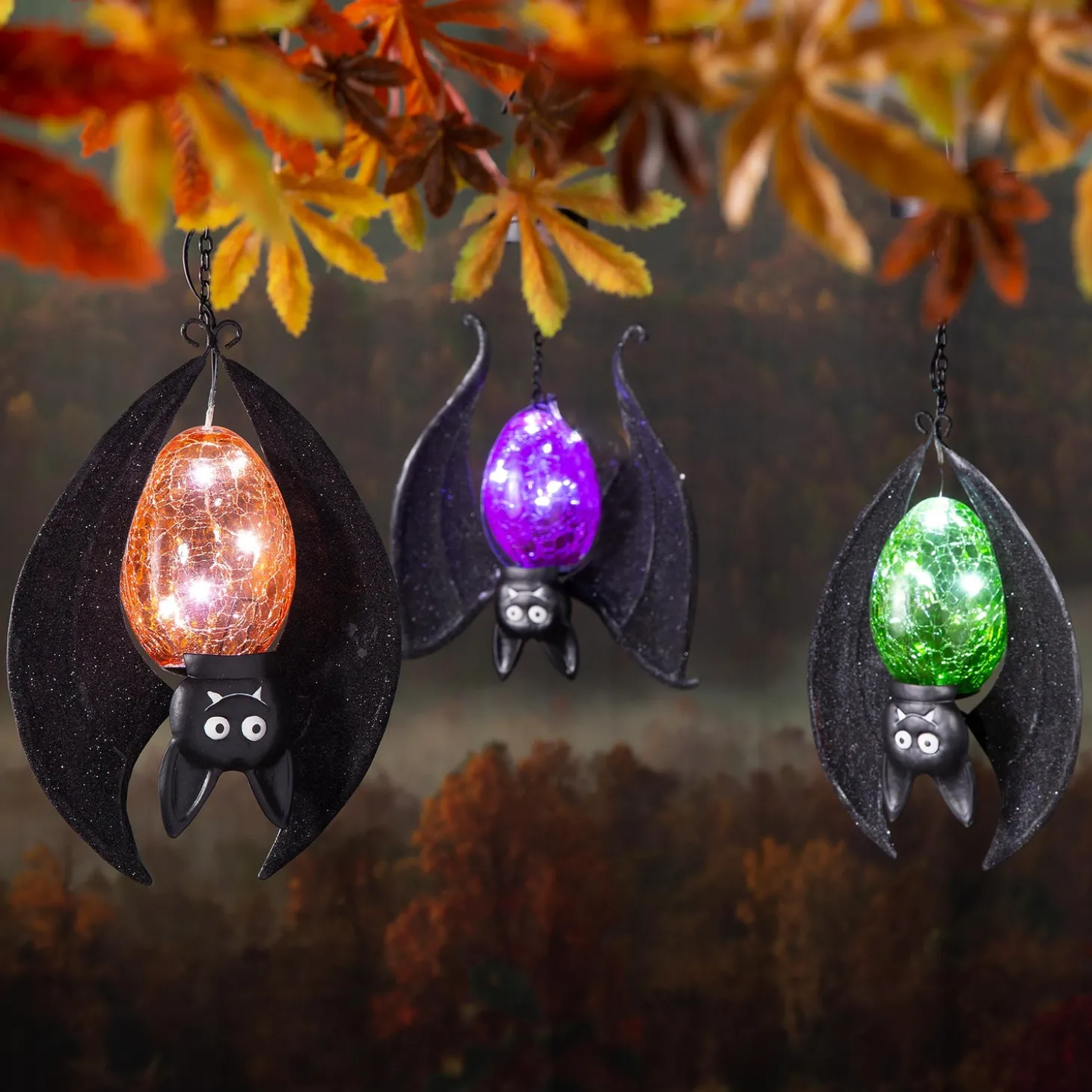 Lighted Garden Decorations>Plow & Hearth Solar Halloween Hanging Bats, Set of 3