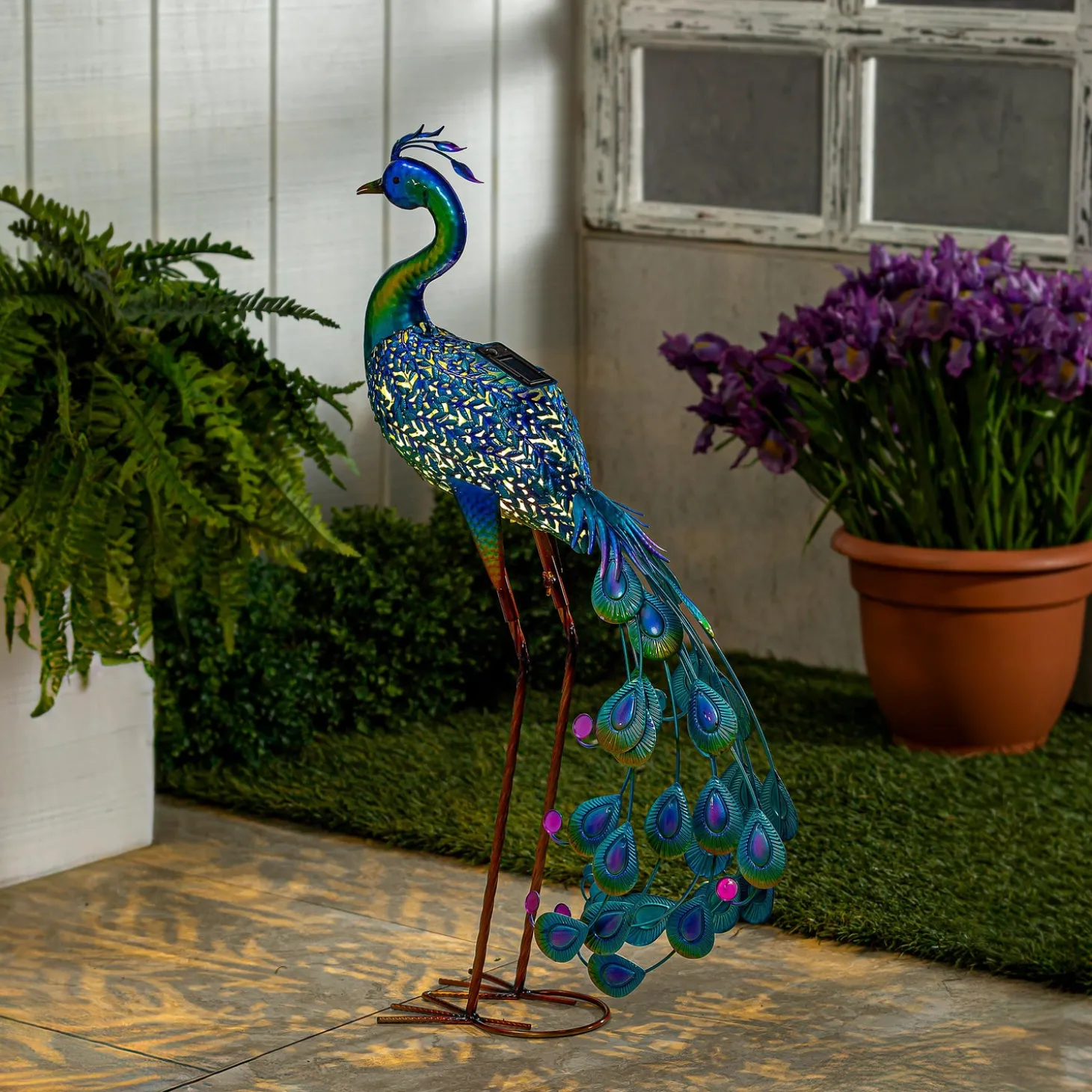 Garden Statues>Plow & Hearth Solar Metal Vibrant Peacock Statue, 33"H