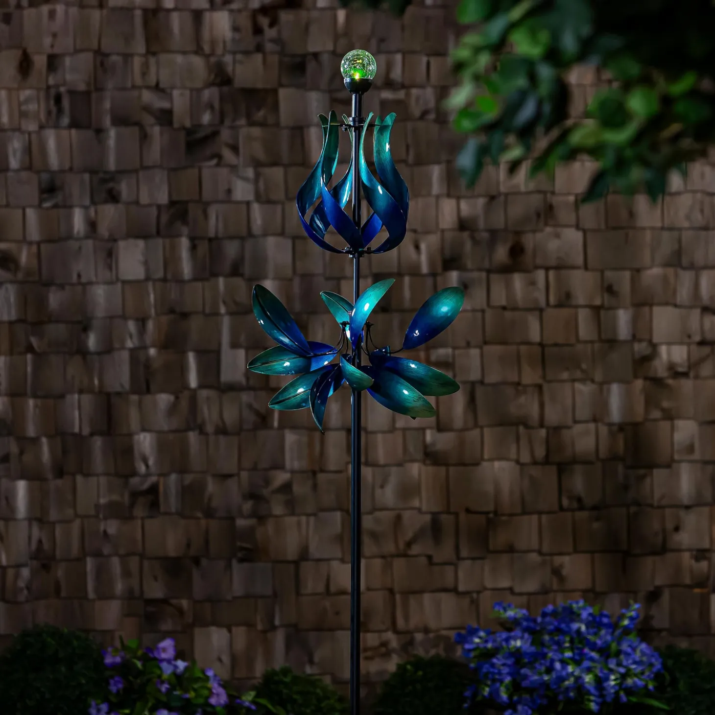 Wind Spinners | Solar Accents>Plow & Hearth Solar Metal Wind Spinner, Blue & Teal Floral Gradient, 82"H