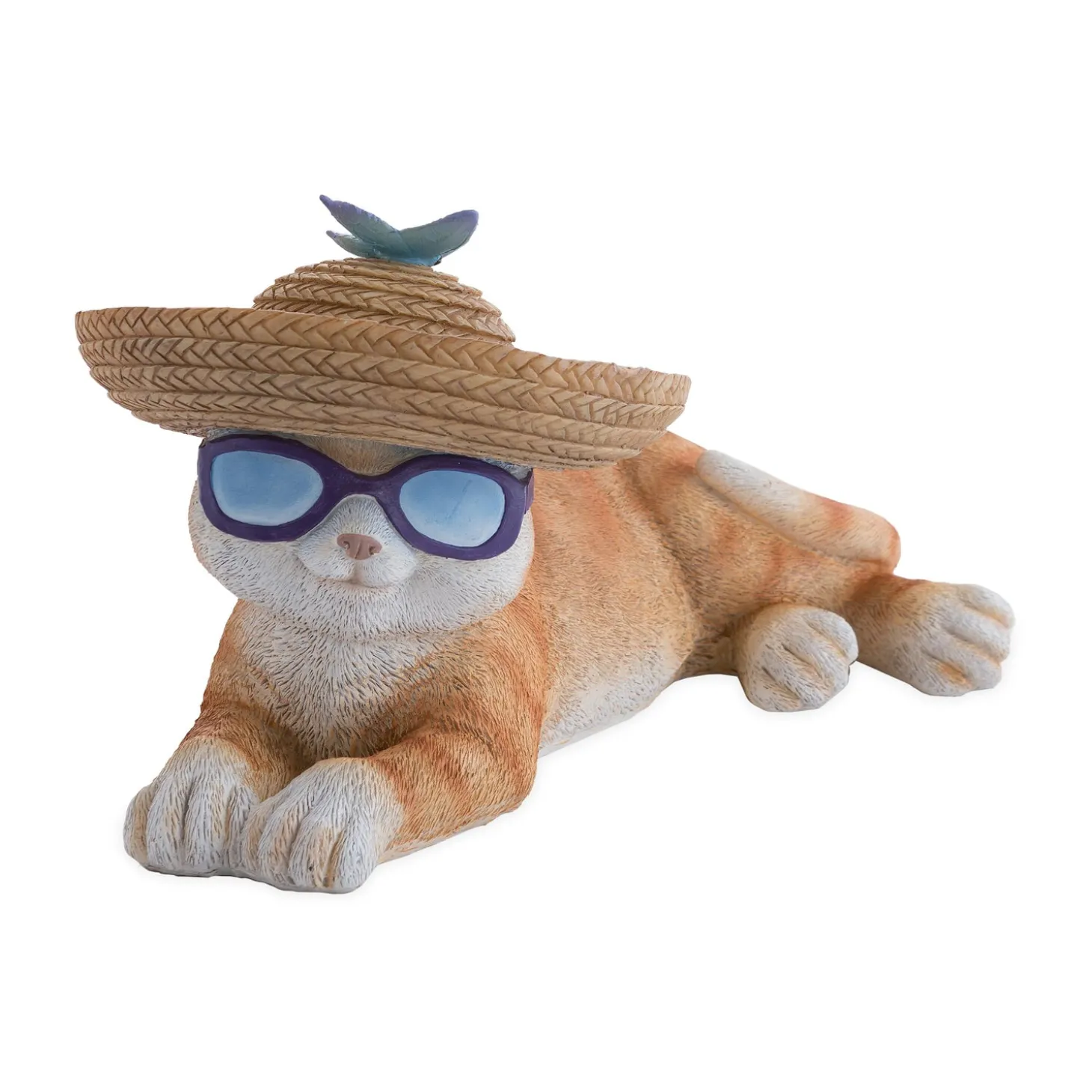 Garden Statues>Plow & Hearth Solar Resin Cat in Sunglasses With Butterfly Sombrero Bird Feeder Hat.