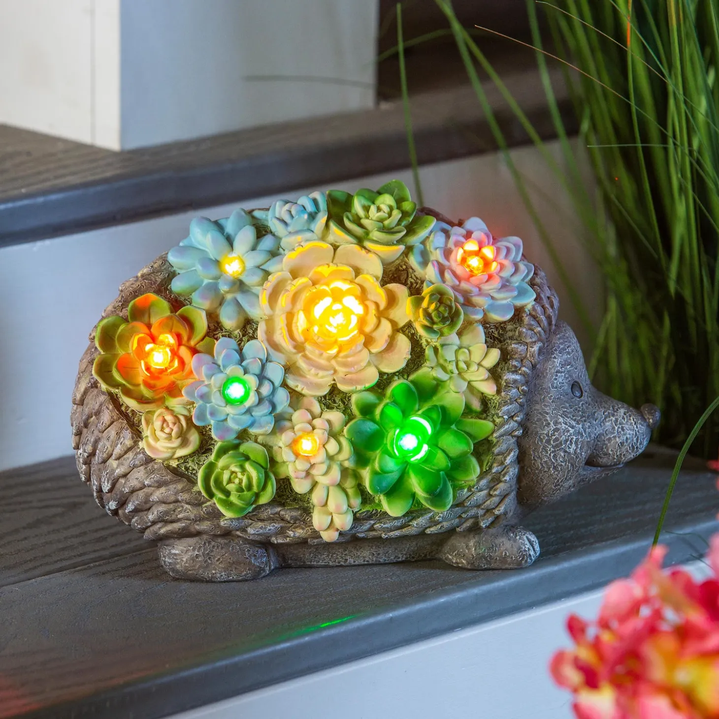 Garden Statues | Solar Accents>Plow & Hearth Solar Resin Succulent Hedgehog