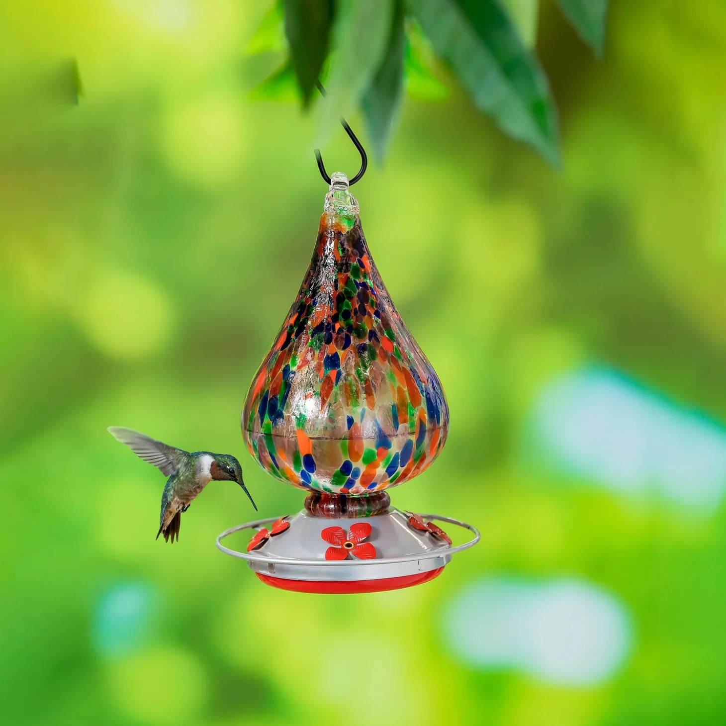 Hummingbird Feeders>Plow & Hearth Speckled Art Glass Hummingbird Feeder