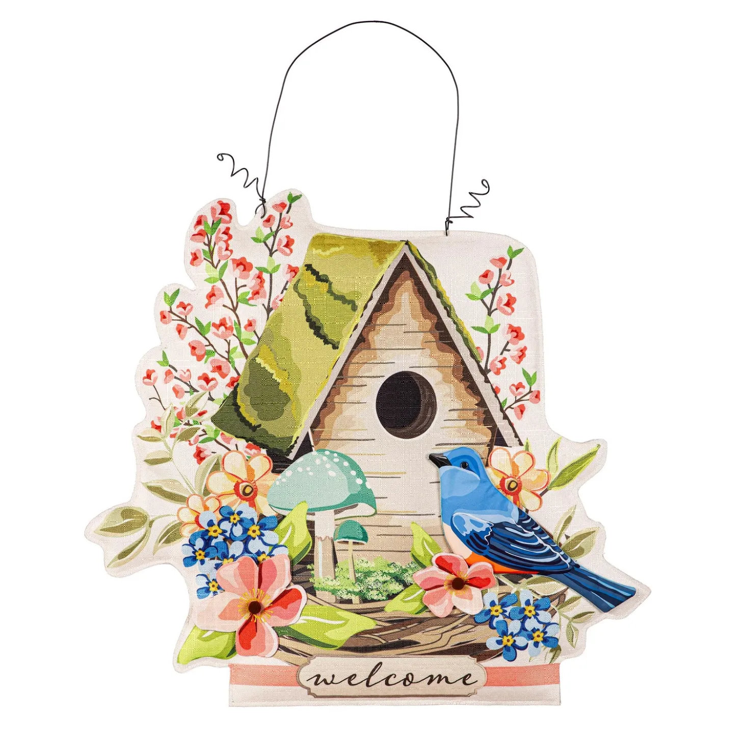 Fabric Door Hangers>Plow & Hearth Spring Birdhouse Welcome/Easter Bunny with Floral Double Sided Estate Door Décor