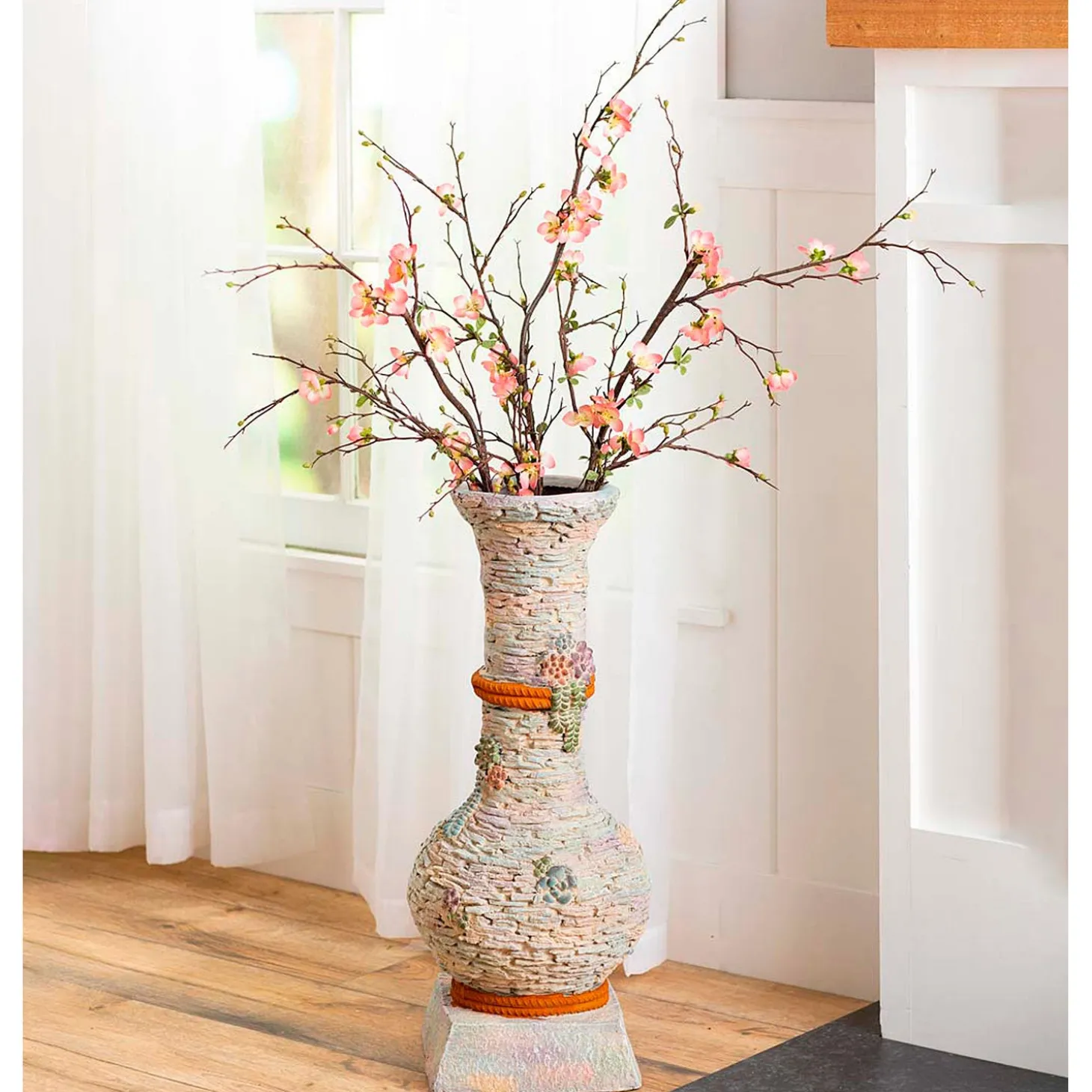 Planters & Vases>Plow & Hearth Stacked Faux Rock Non-Watertight Vase with Base and Floral Rope Accent