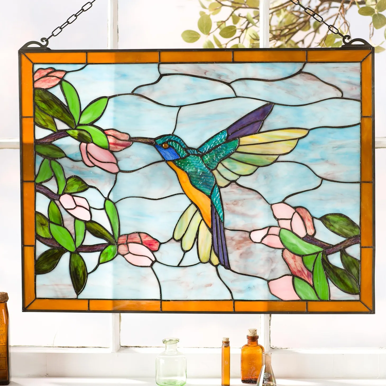 Wall Art>Plow & Hearth Stained Glass Hummingbird Art Panel with Metal Frame and Chain