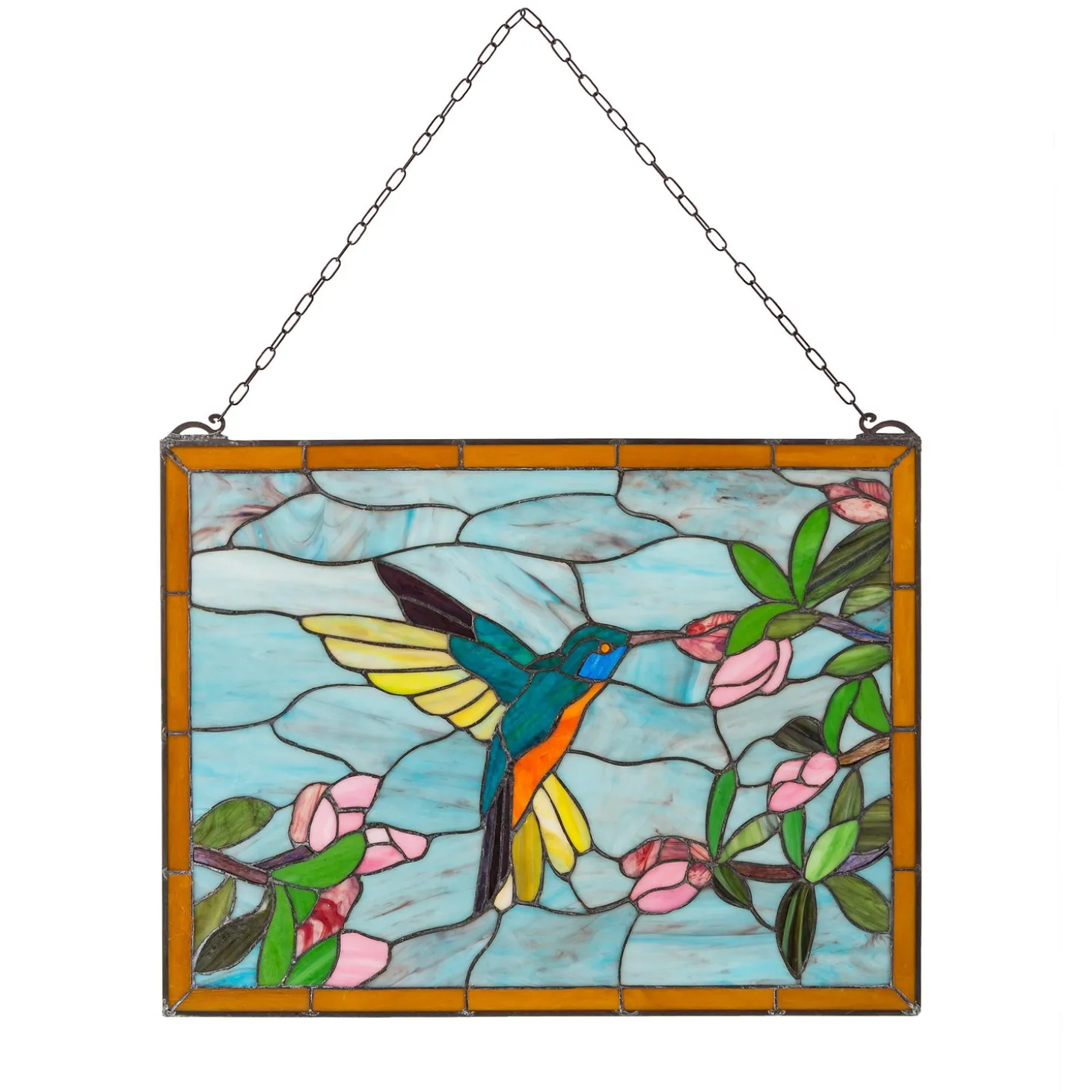 Wall Art>Plow & Hearth Stained Glass Hummingbird Art Panel with Metal Frame and Chain