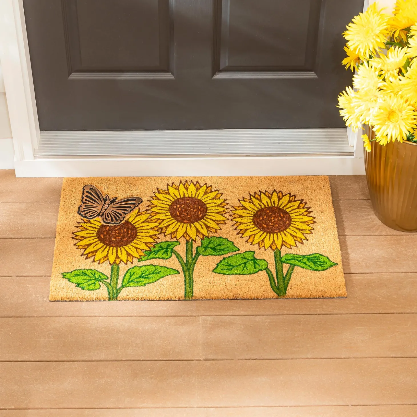 Coir Mats>Plow & Hearth Sunflower Field Coir Mat with Rubber Embossed Butterfly