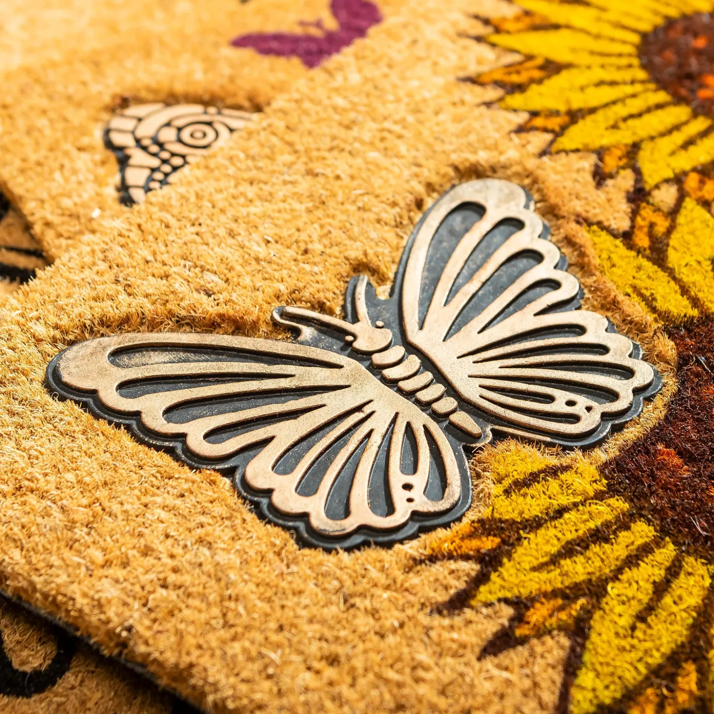 Coir Mats>Plow & Hearth Sunflower Field Coir Mat with Rubber Embossed Butterfly