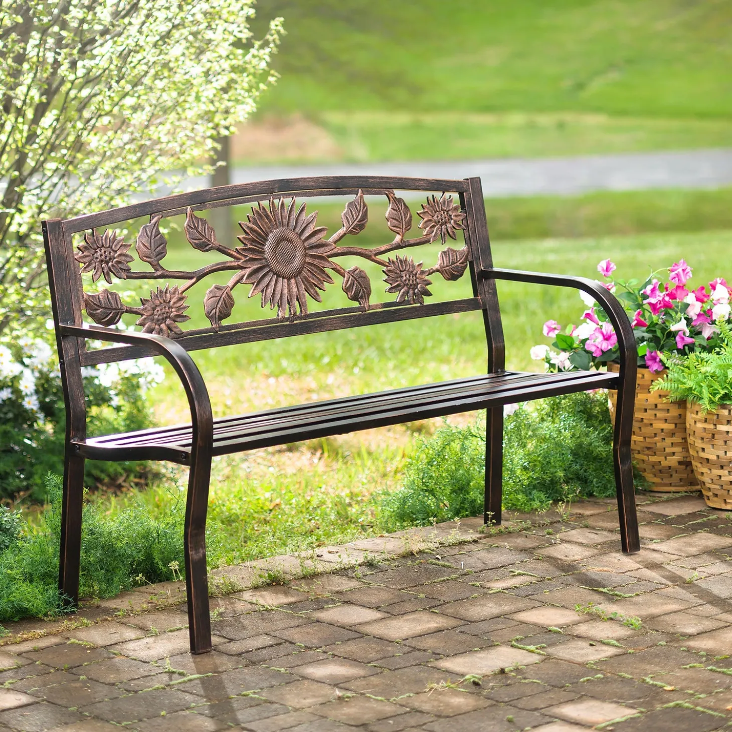 Outdoor Benches>Plow & Hearth Sunflower Metal Garden Bench