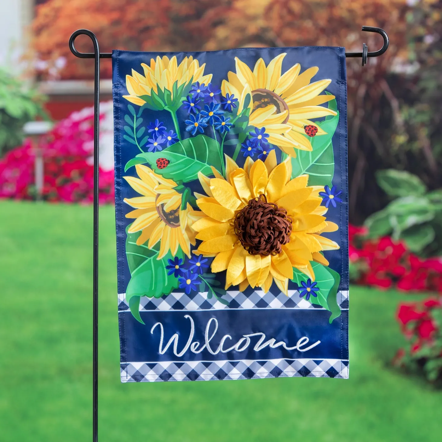 Garden Flags>Plow & Hearth Sunflower Welcome Applique Garden Flag