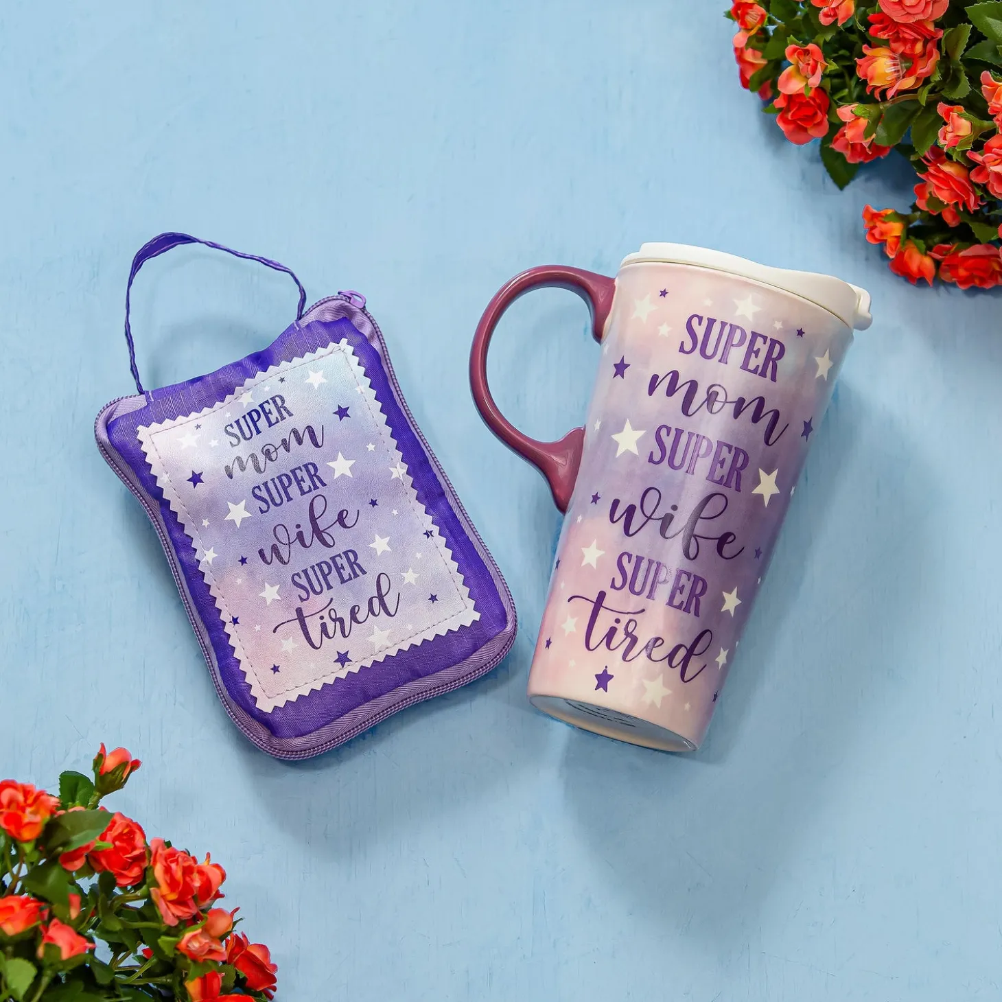 Travel Cups>Plow & Hearth Super Mom Super Wife Super Tired Ceramic Perfect Cup and Compact Tote Giftset, 17oz, Gift Box
