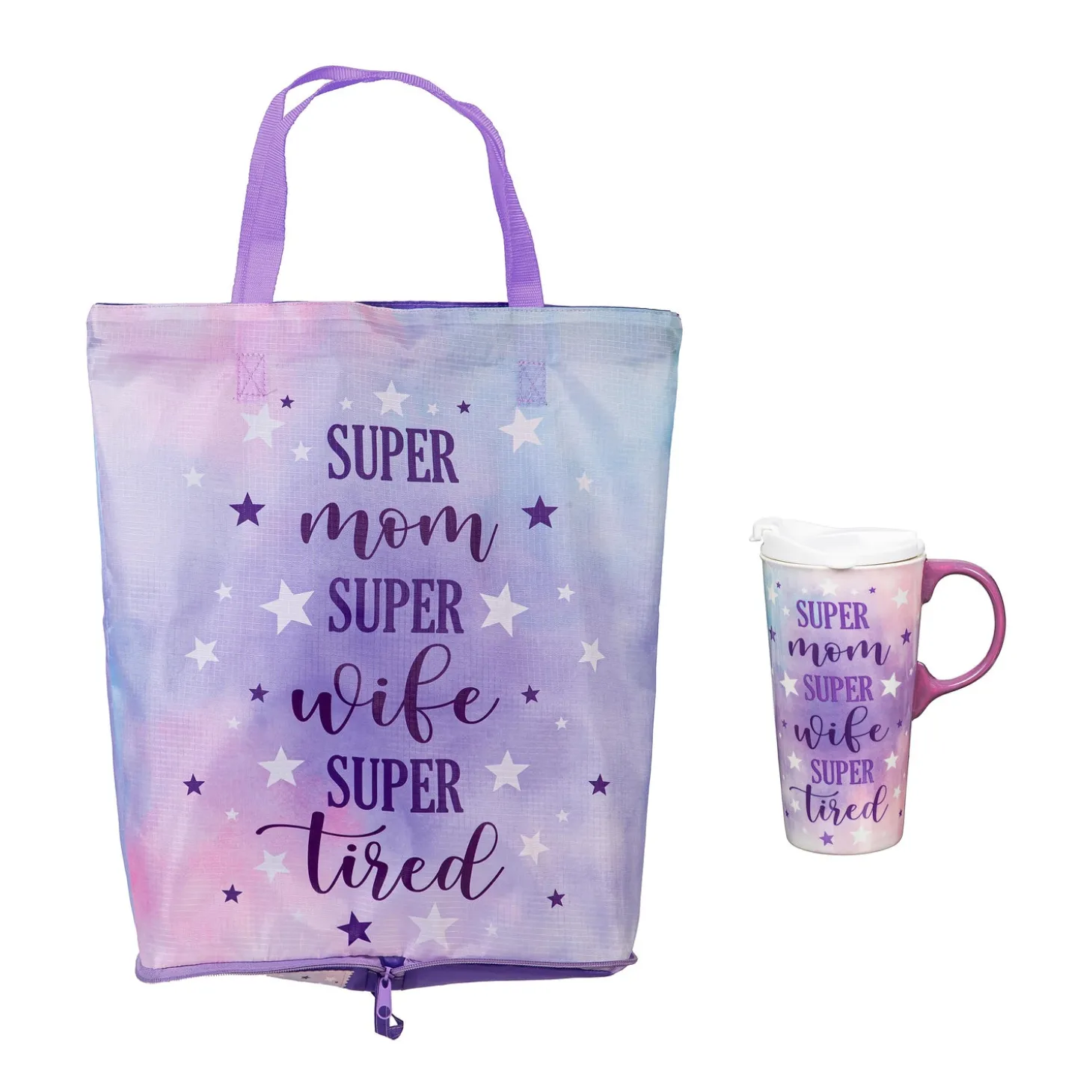 Travel Cups>Plow & Hearth Super Mom Super Wife Super Tired Ceramic Perfect Cup and Compact Tote Giftset, 17oz, Gift Box