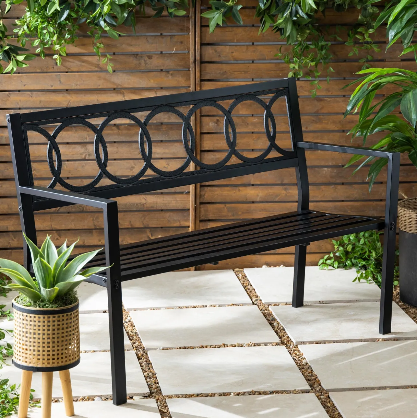 Outdoor Benches>Plow & Hearth Sydney Tubular Steel Bench with Cast Iron Interlocking Circles Design