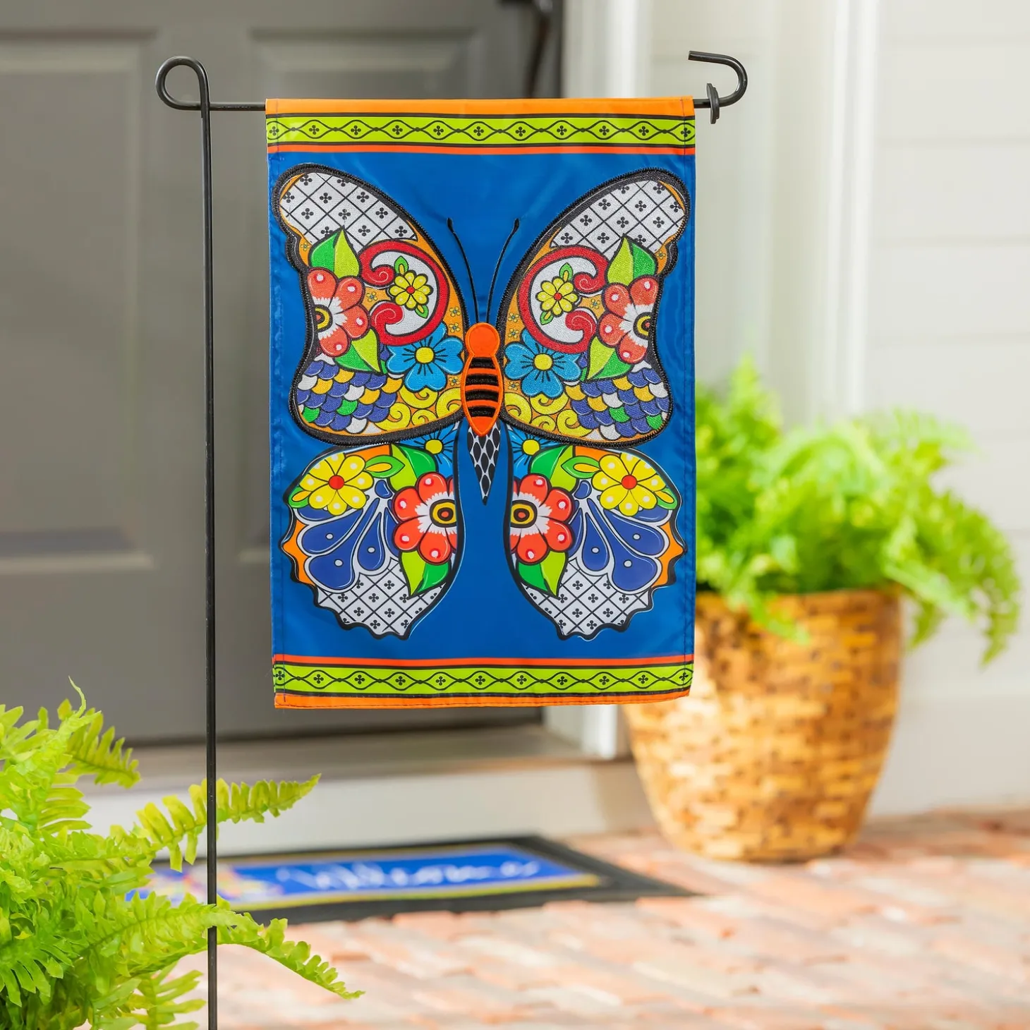 Garden Flags>Plow & Hearth Talavera Butterfly Applique Garden Flag