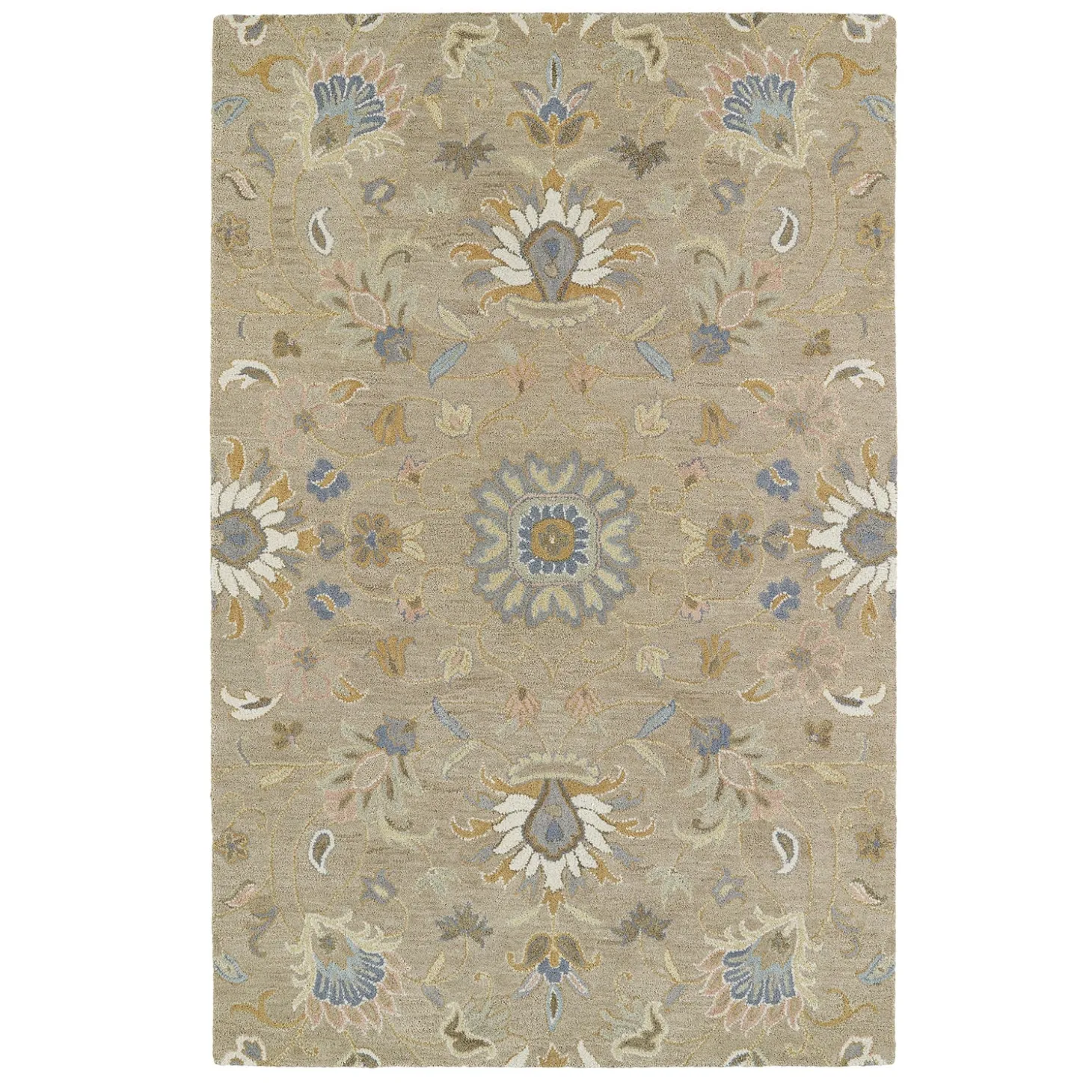 Area Rugs>Plow & Hearth Tan Meadow Floral Vine Wool Rug, 9' x 12' Brown