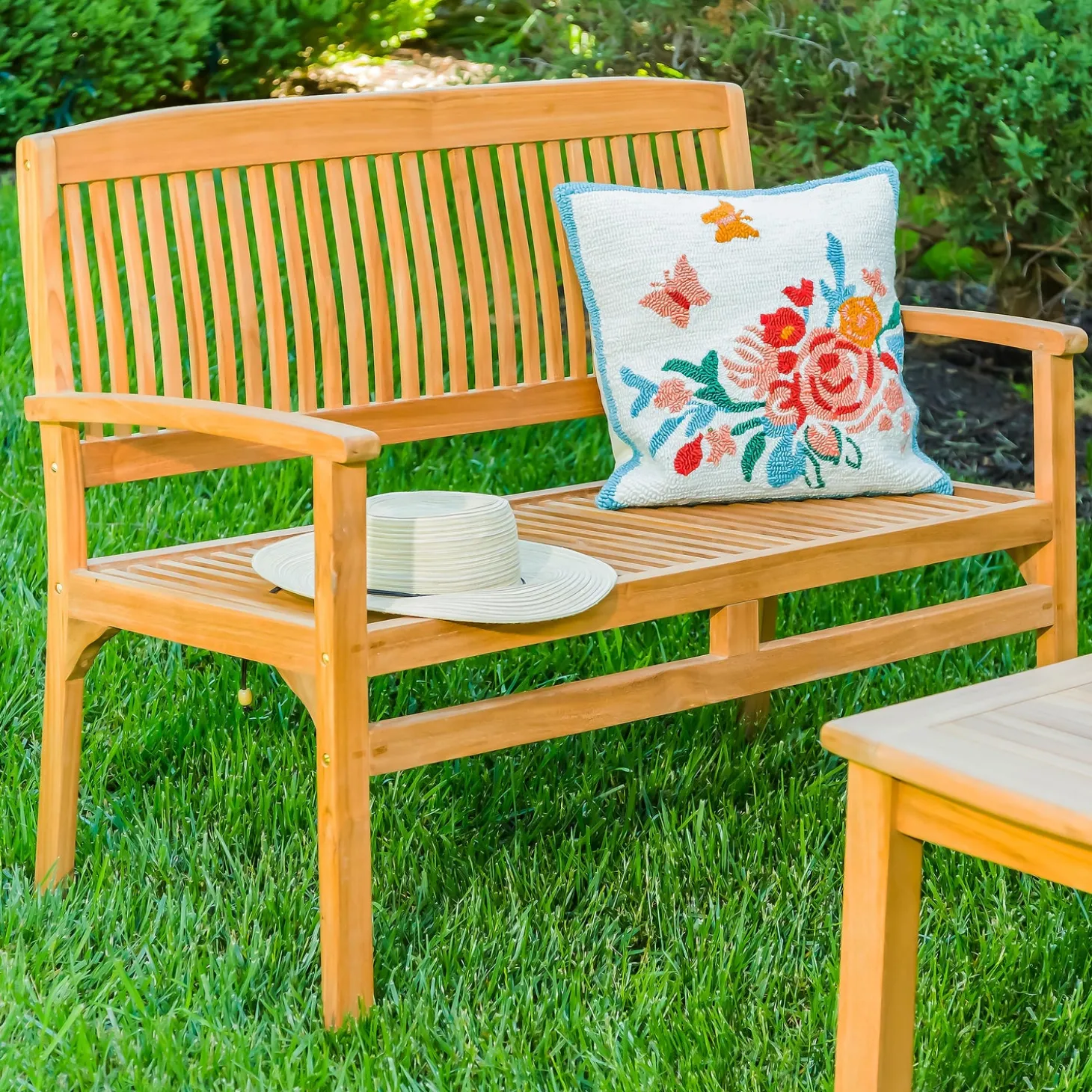 Outdoor Benches>Plow & Hearth Teak Bench with Arm Rests