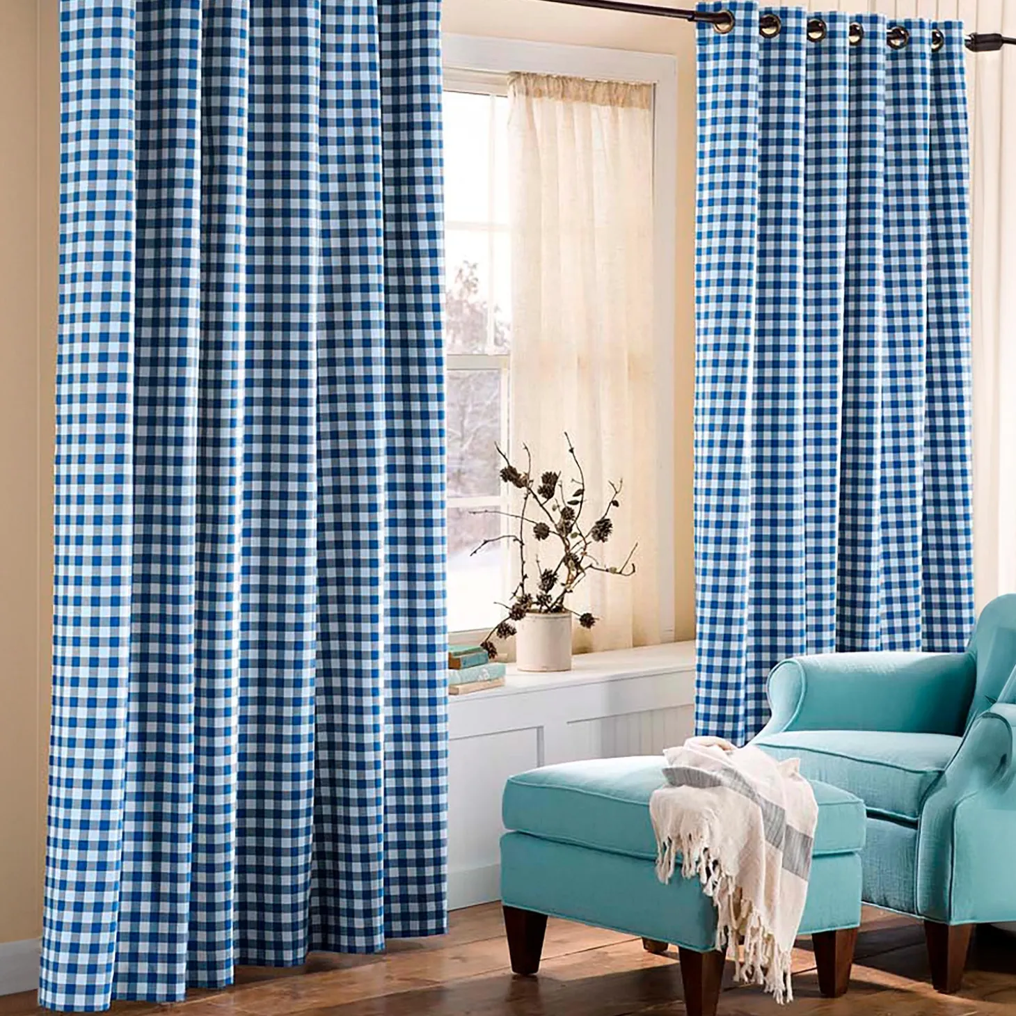 Curtain Panels | Insulated Curtains>Plow & Hearth Thermalogic™ Check Grommet-Top Curtain Pair, 84"L Blue