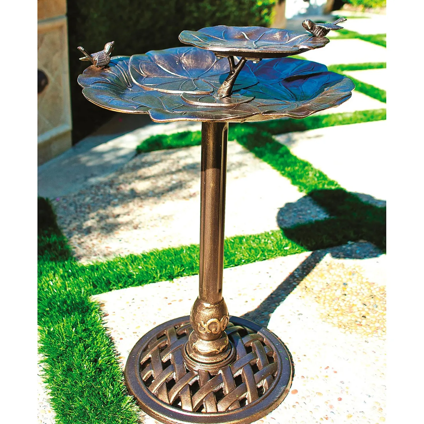 Birdbaths>Plow & Hearth Tiered Lily Pad Metal Birdbath Brass