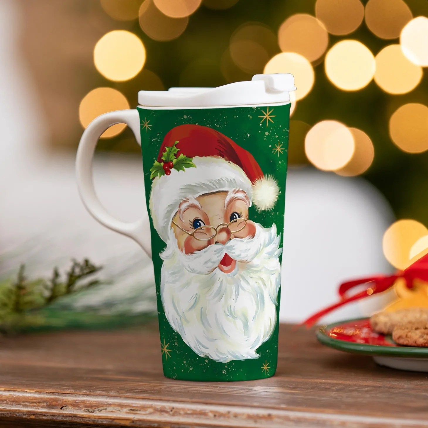 Travel Cups>Plow & Hearth Traditional Santa Travel Cup Ceramic Perfect Cup, Jolly Santa, 17oz, Gift Box