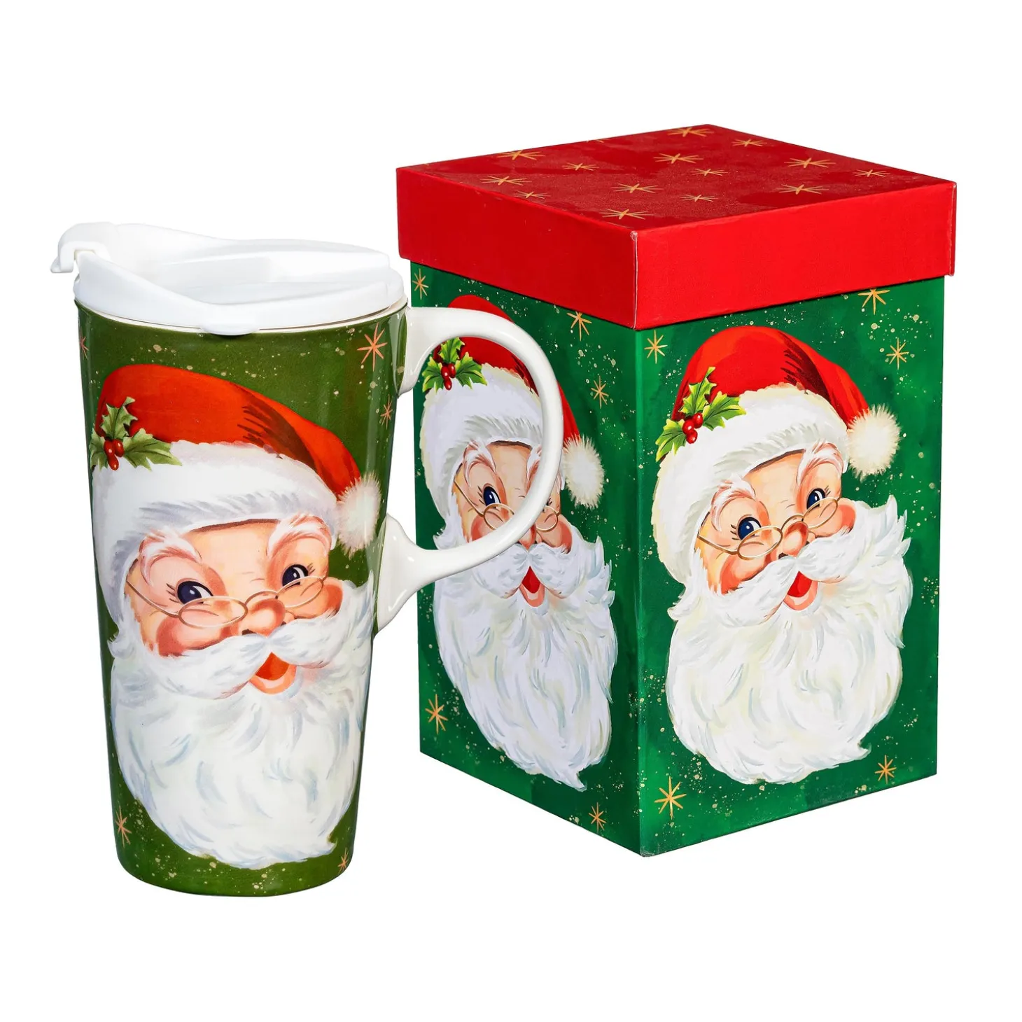 Travel Cups>Plow & Hearth Traditional Santa Travel Cup Ceramic Perfect Cup, Jolly Santa, 17oz, Gift Box