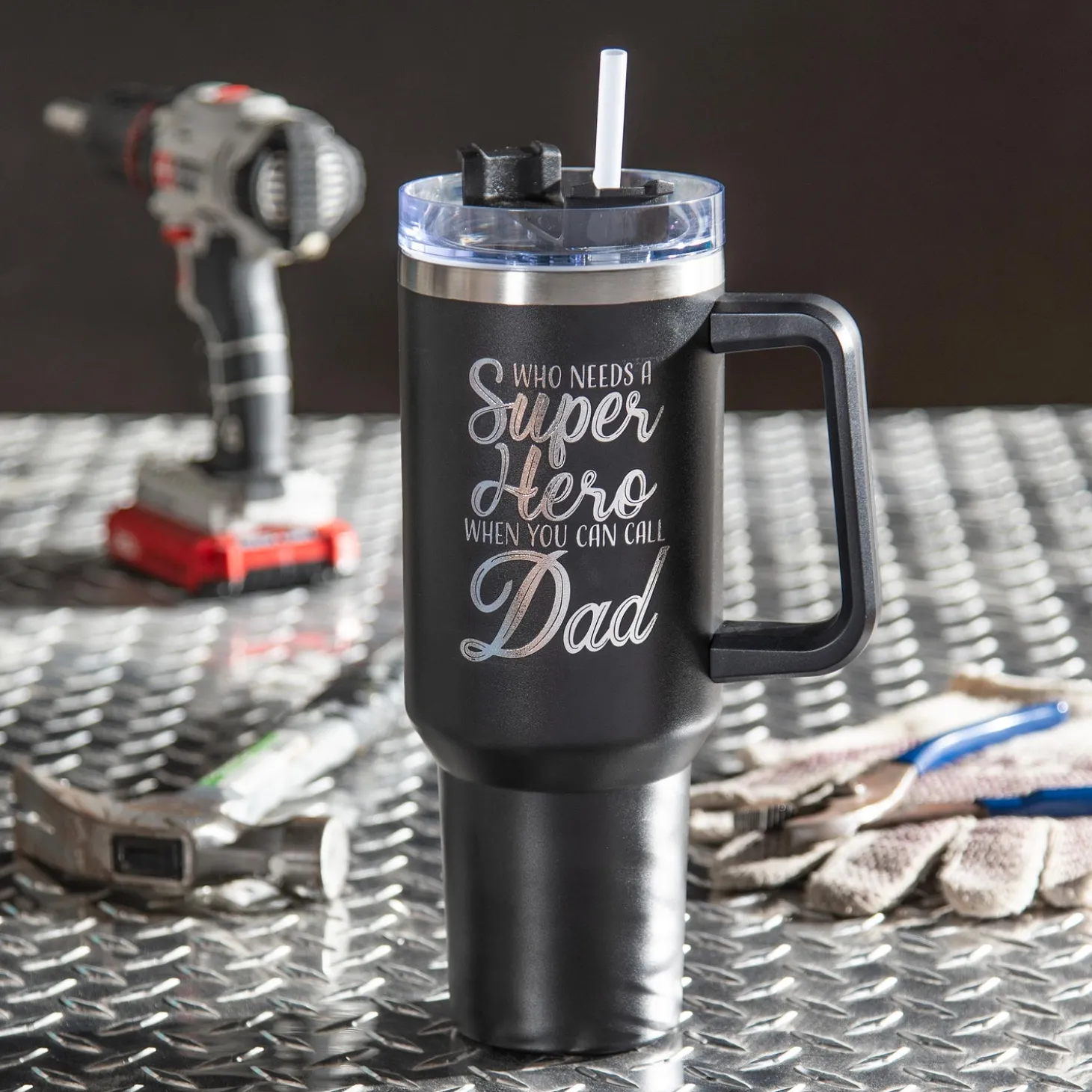 Travel Cups>Plow & Hearth Tumbler Stainless-Steel Canyon Cup w/ Straw, Dad Super Hero, 40oz, Gift Box
