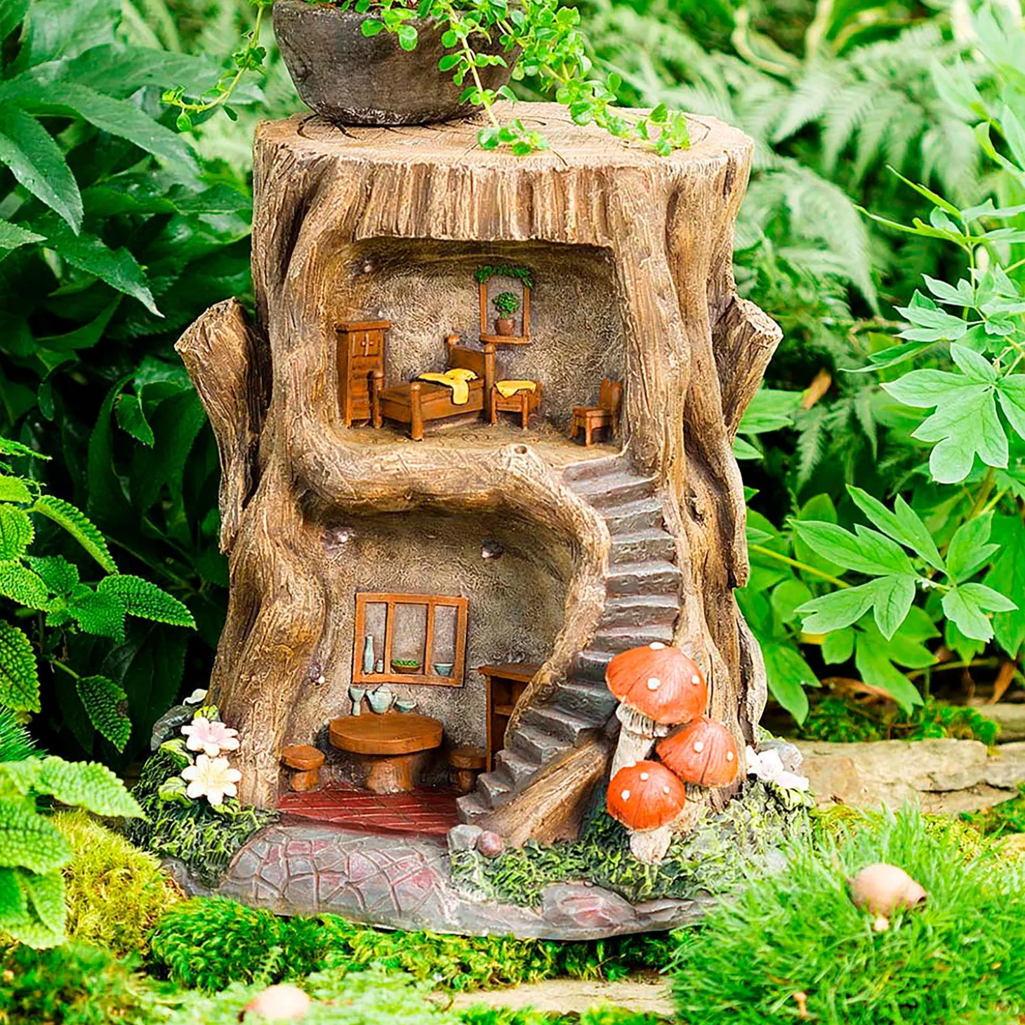 Garden Statues | Solar Accents>Plow & Hearth Two-Story Fully-Furnished Solar Lighted Fairy House in a Stump