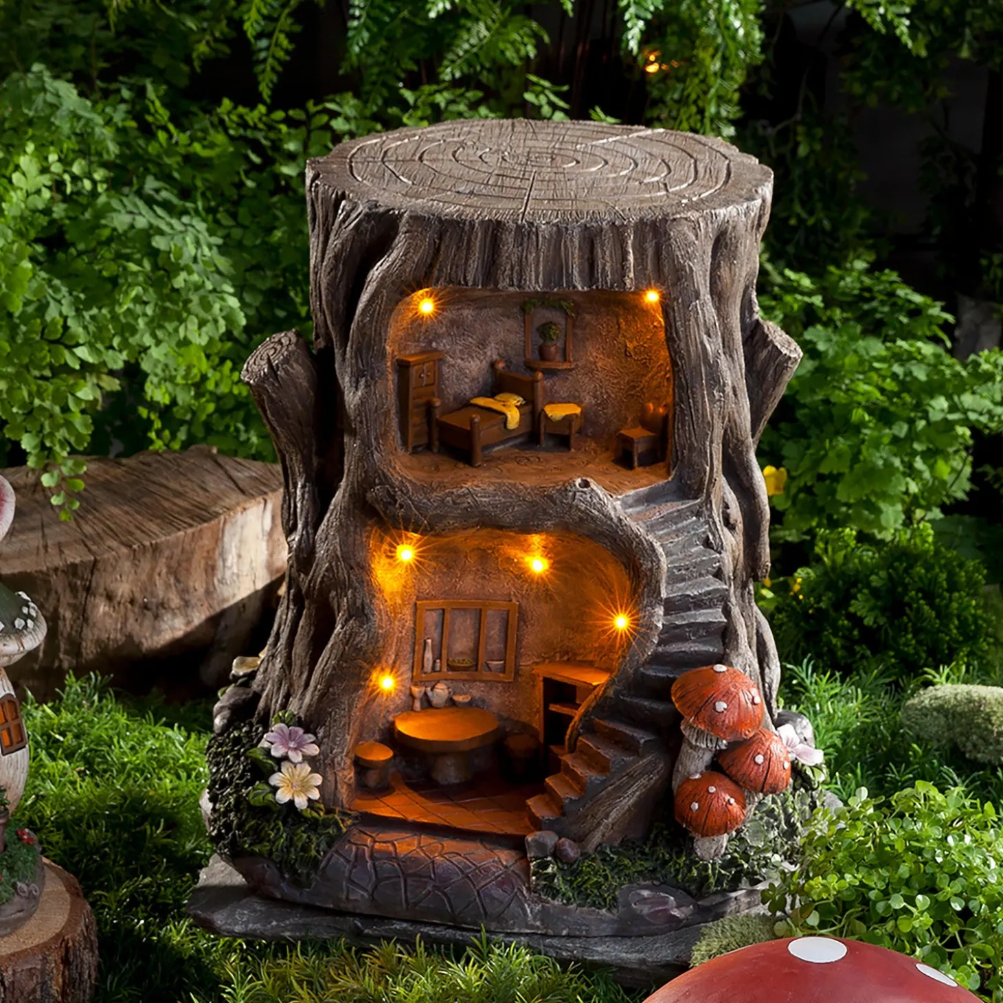Garden Statues | Solar Accents>Plow & Hearth Two-Story Fully-Furnished Solar Lighted Fairy House in a Stump