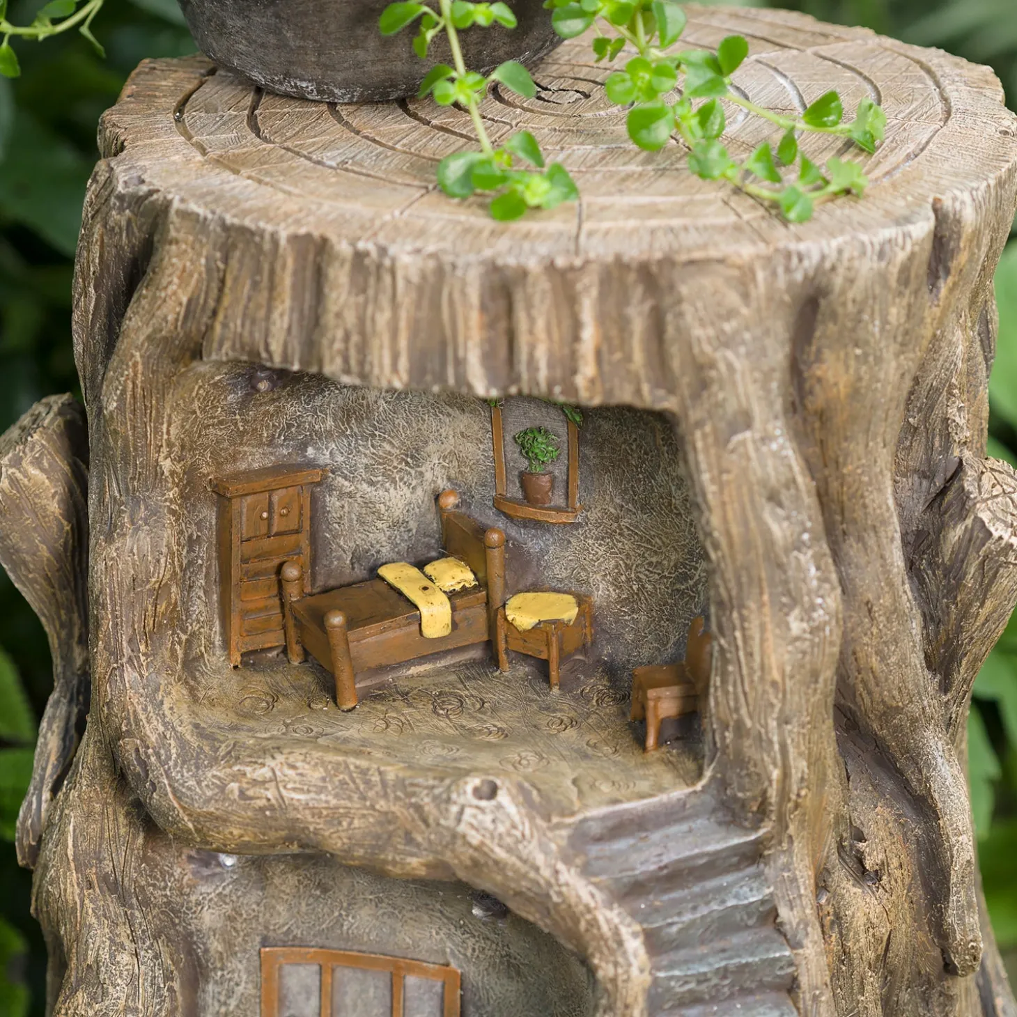Garden Statues | Solar Accents>Plow & Hearth Two-Story Fully-Furnished Solar Lighted Fairy House in a Stump