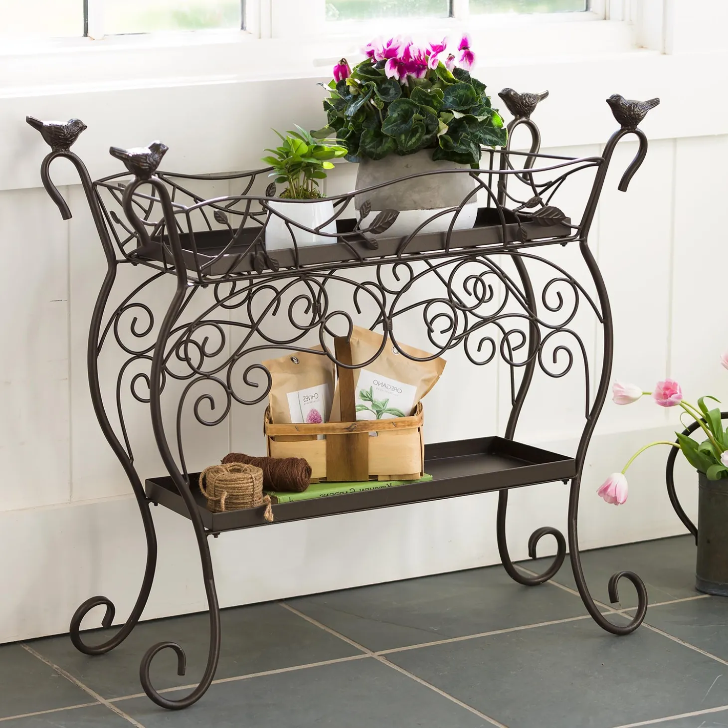 Planters & Plant Stands>Plow & Hearth Two-Tiered Cast Iron Plant Stand with Birds