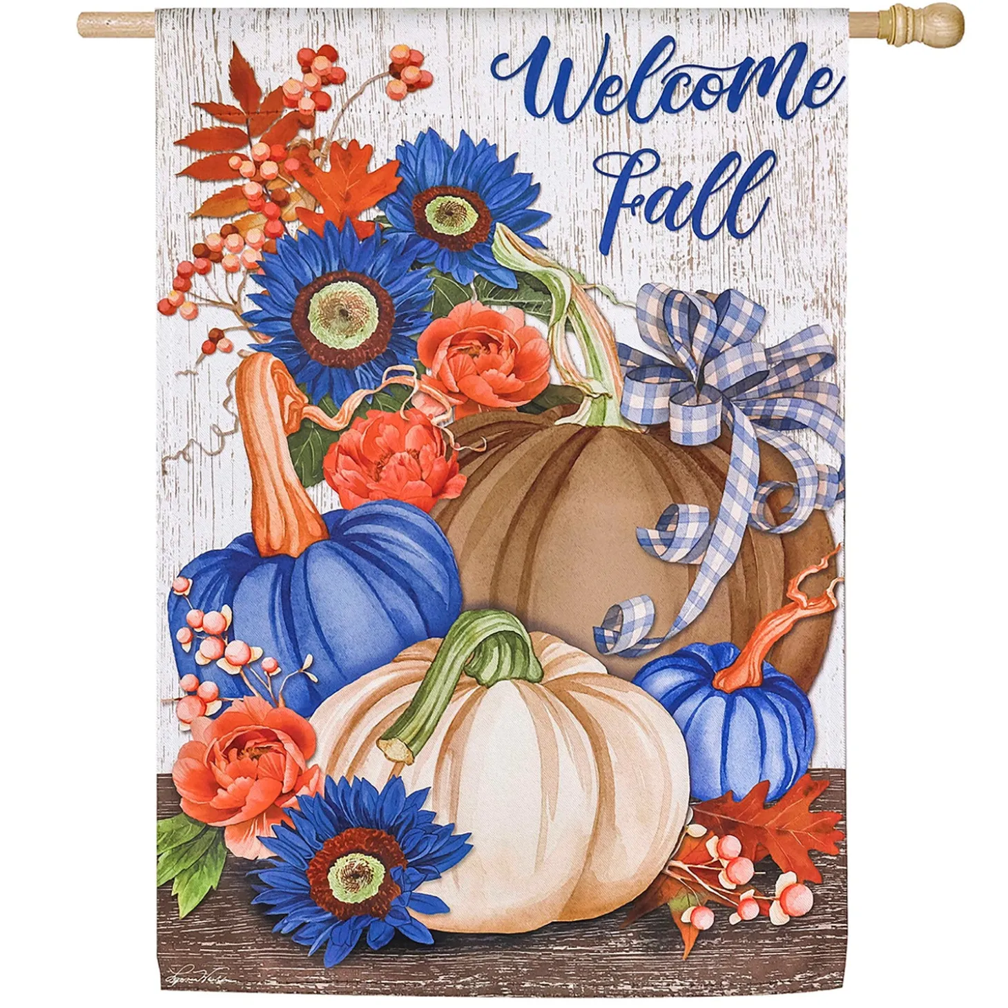 House & Estate Flags>Plow & Hearth Welcome Fall Pumpkin and Floral Suede House Flag