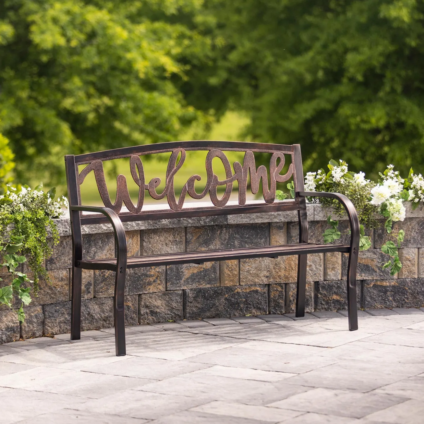 Outdoor Benches>Plow & Hearth Welcome Metal Garden Bench