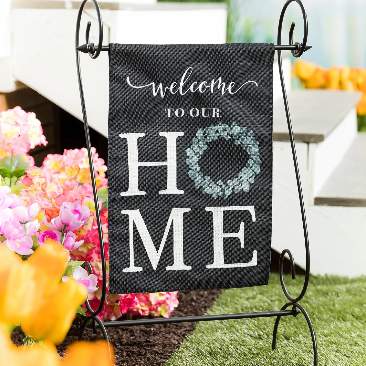 Garden Flags>Plow & Hearth “Welcome To Our Home” Eucalyptus Burlap Garden Flag