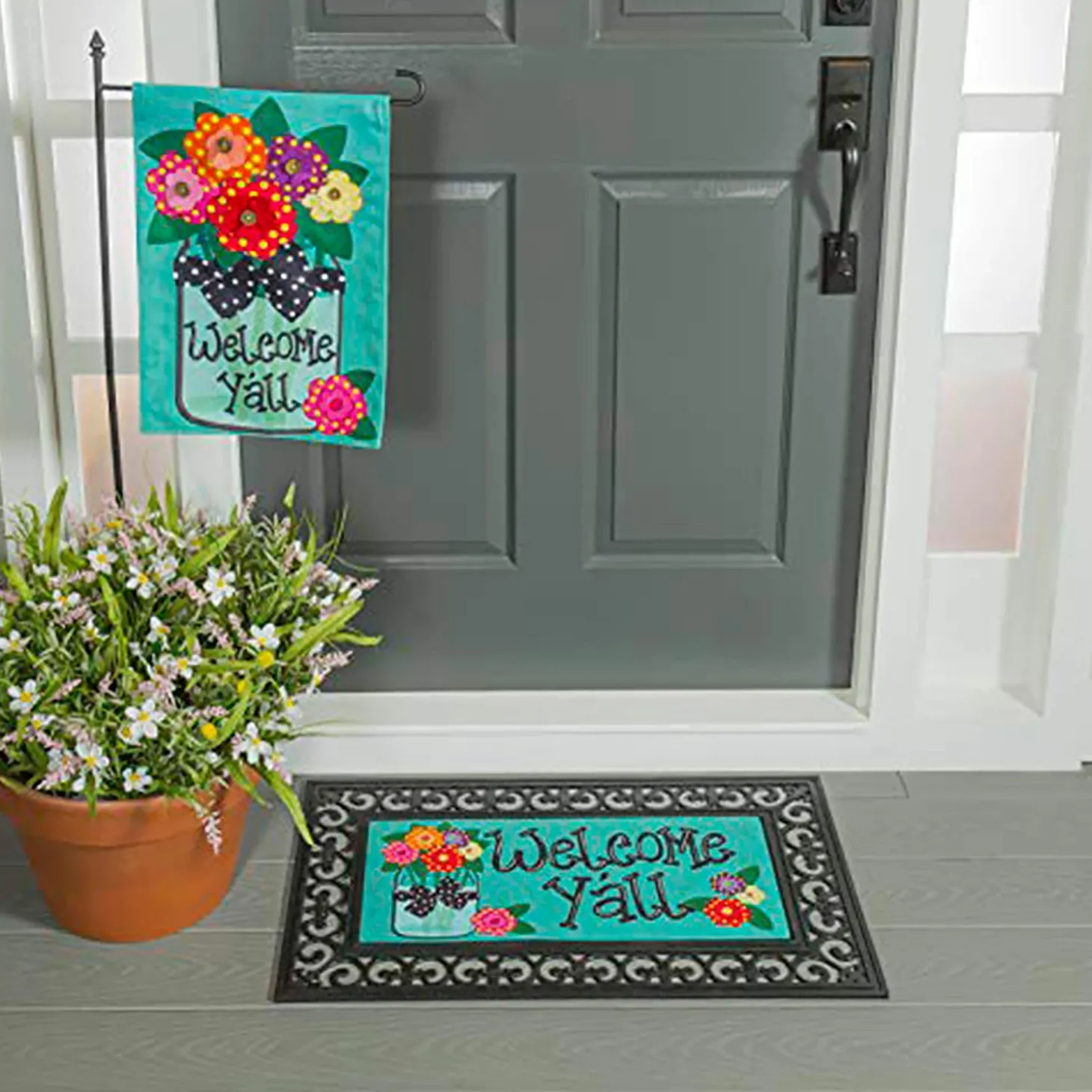 Garden Flags | Interchangeable Mats>Plow & Hearth Welcome Y'all Burlap Garden Flag and Sassafras Mat Set