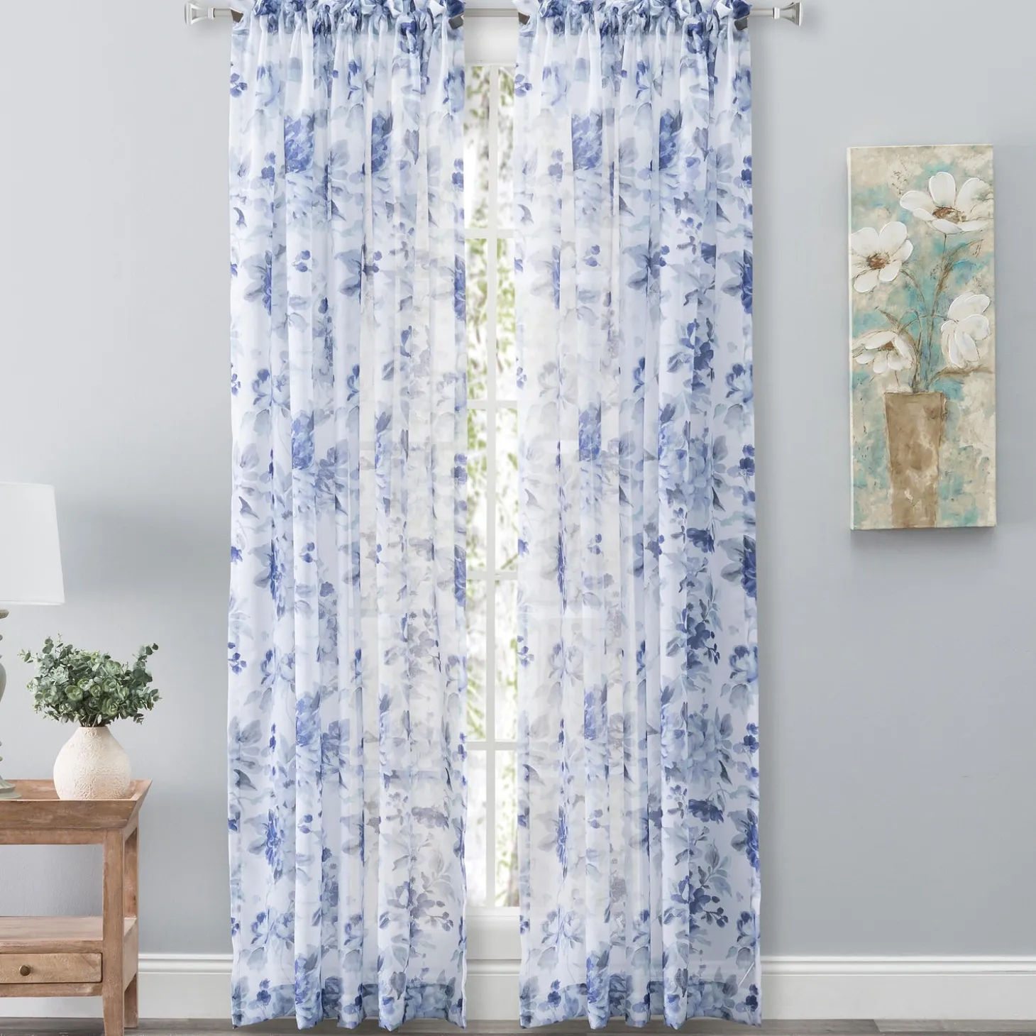 Curtain Panels>Plow & Hearth Whimsical Sheer Rod Pocket Curtain Panel, 54"W x 63"L Blue